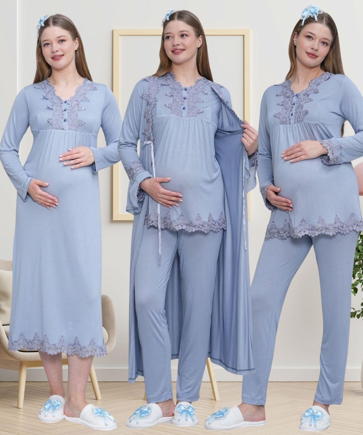 Mecit Pijama Mecit 1519 Mavi Lohusa Sabahlık Gecelik Pijama Set
