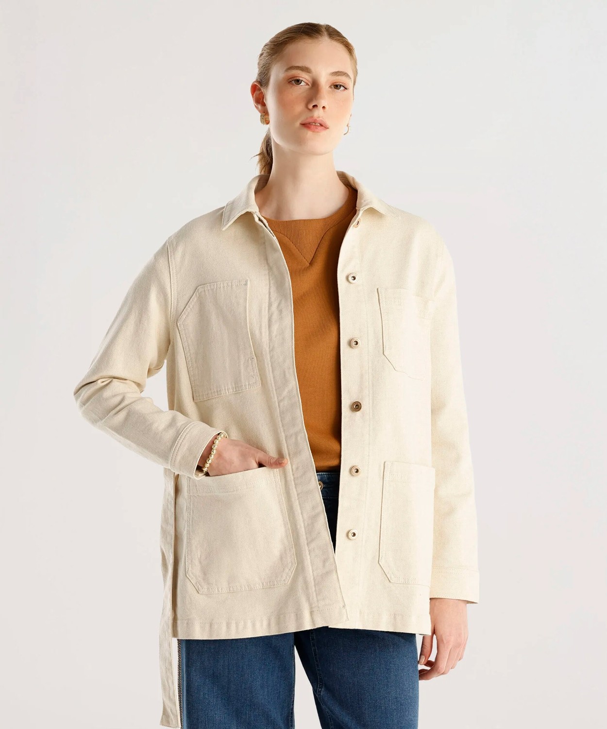 Yargıcı Cep Detaylı Kemerli Denim Pardösü görsel 3