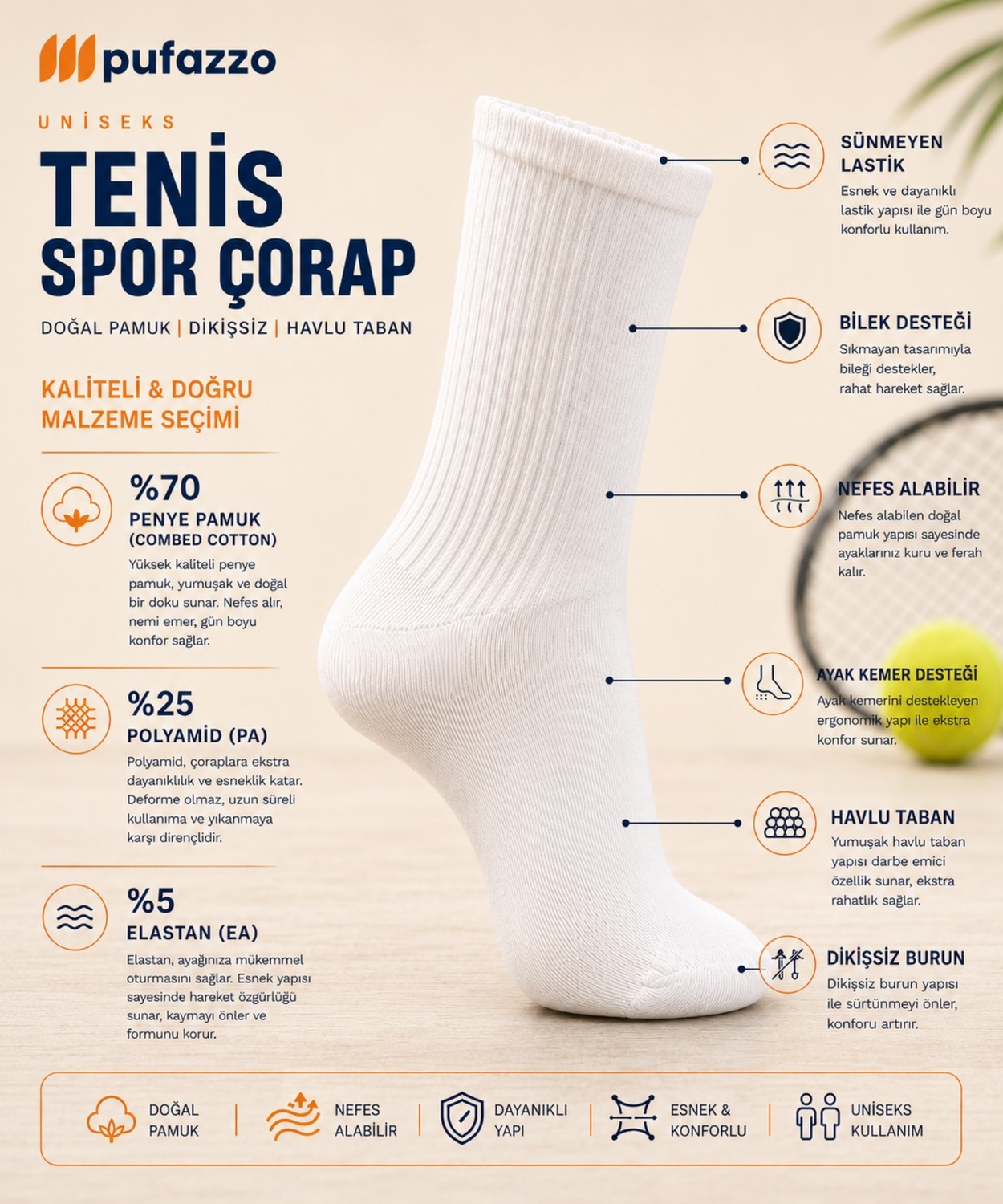 Pufazzo Erkek Beyaz Spor Çorap 6'lı Set - Doğal Pamuk, Dikişsiz, Havlu Taban Tenis Çorabı, Soket Çorap görsel 2