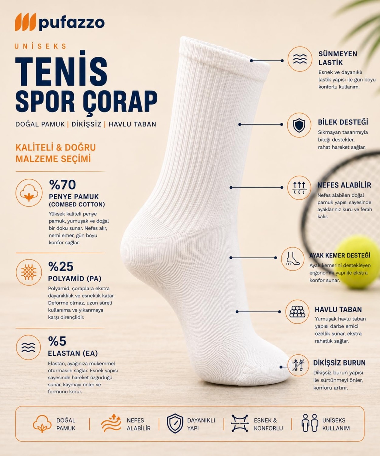 Aesco Pufazzo Uniseks Tenis Spor Çorap 6'lı Set - Doğal Pamuk, Dikişsiz, Havlu Taban Soket Çorap (Beyaz, 43-46) görsel 5