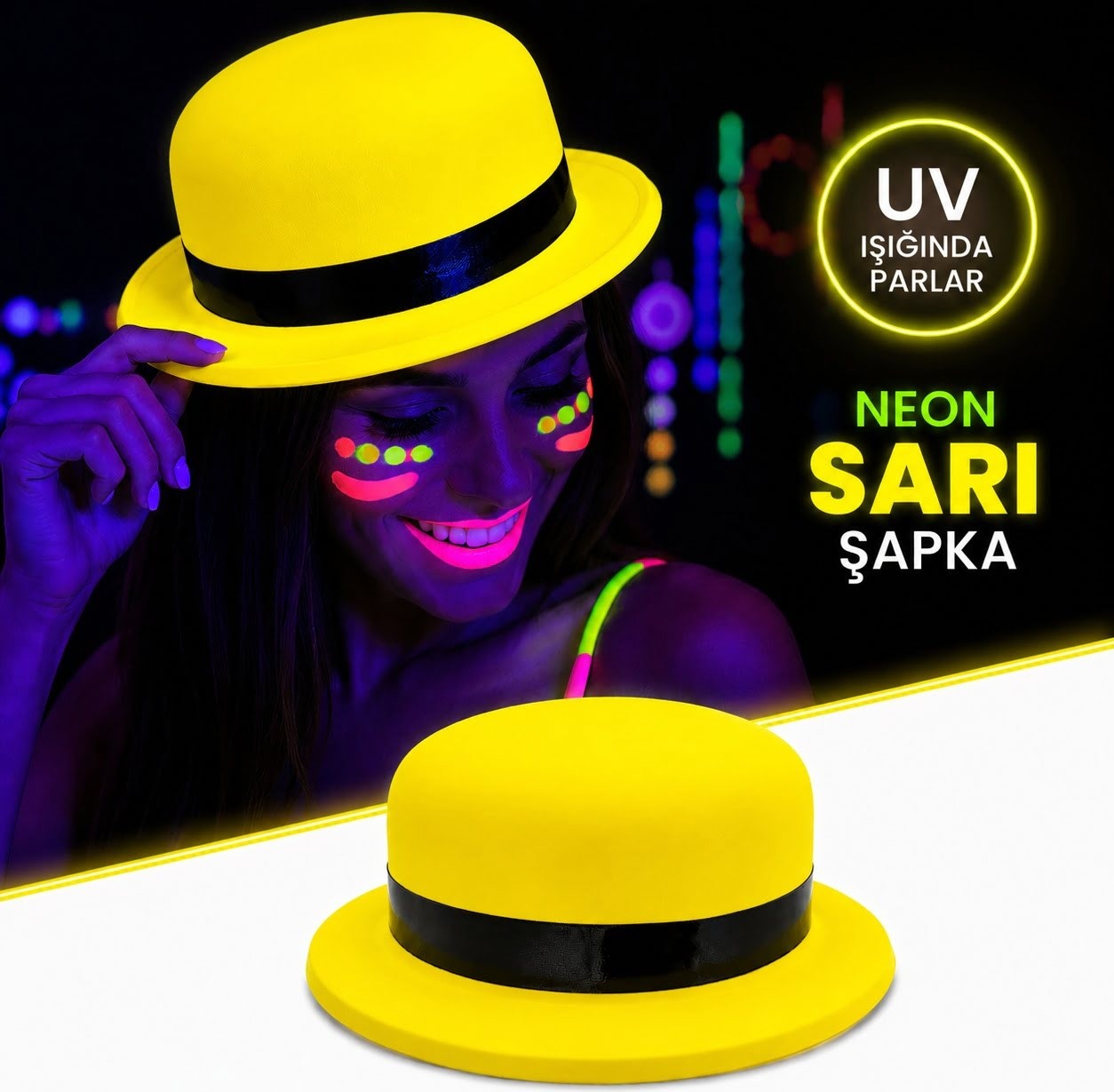 TeknoKapsül Neon Sarı Uv Parti Şapkası Plastik