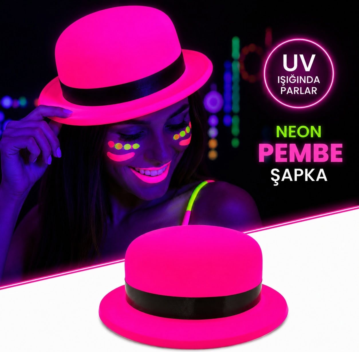 TeknoKapsül Neon Pembe Uv Parti Şapkası Plastik