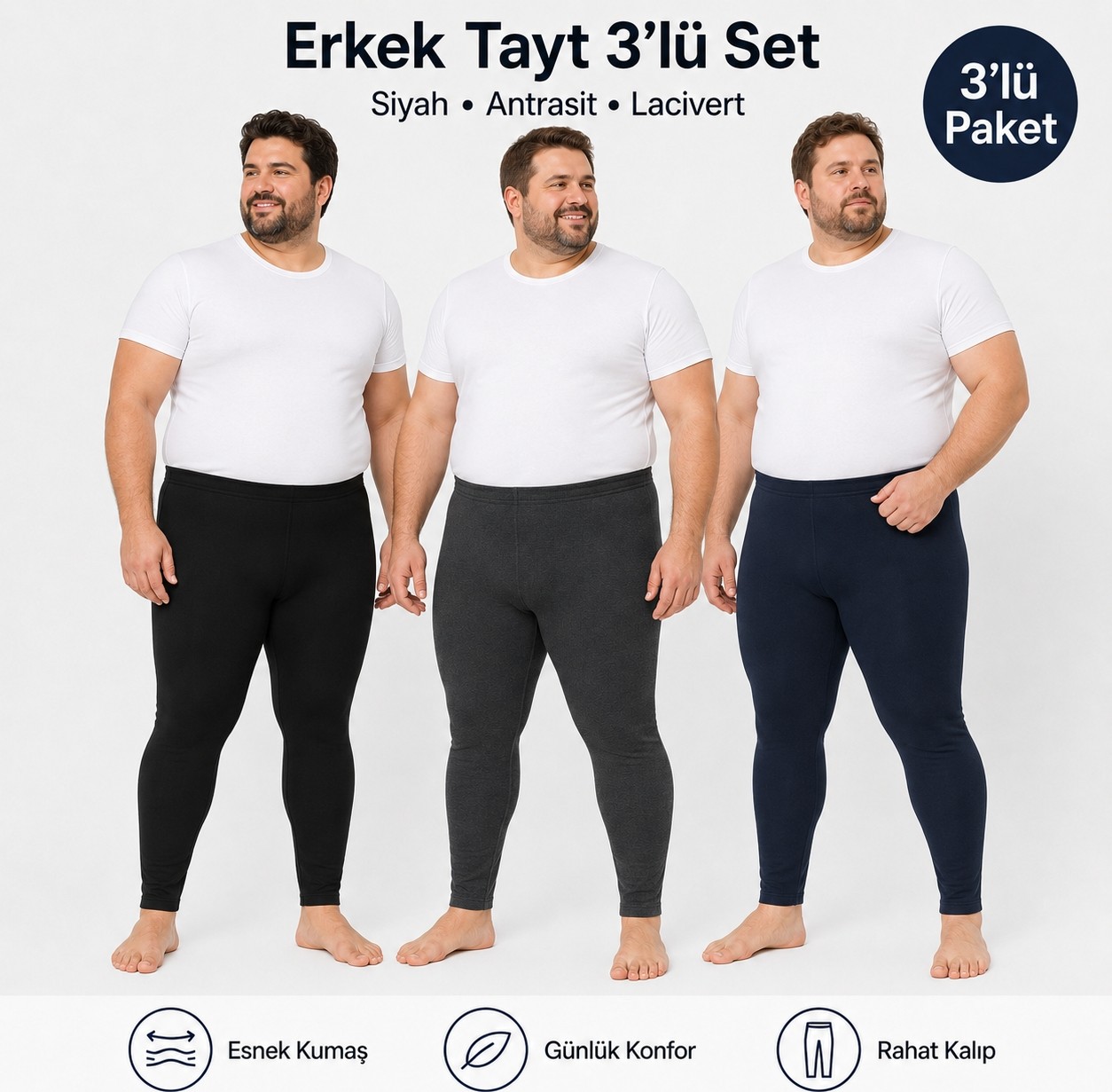 don-x | Erkek Battal Büyük Beden 3'renk Termal Kışlık Tayt Antrasit Lacivert Siyah ( 3ADET )
