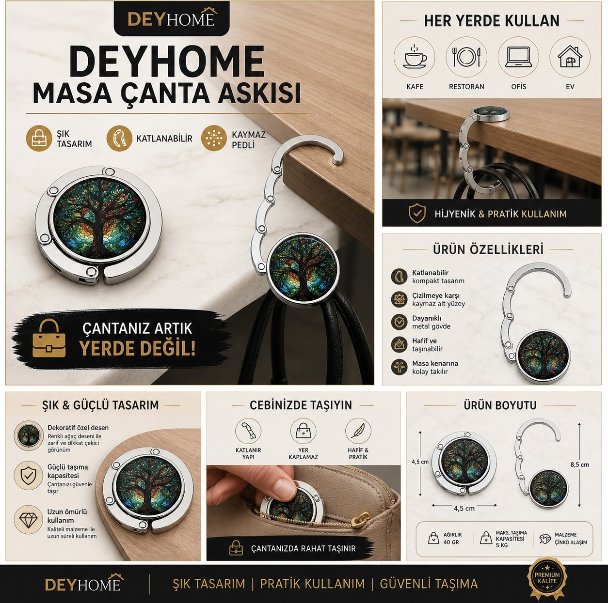 deyhome Renkli Desenli Katlanabilir Mıknatıslı Cep Kancası El Çantaları Için Tutucu Masa El Çantası Askısı