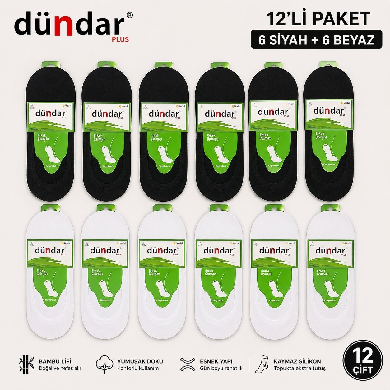 Dündar Erkek Bambu Babet Çorap Dikişsiz 12'li Hafif ve Kaydırmaz Silikon Bantlı Konfor görsel 5
