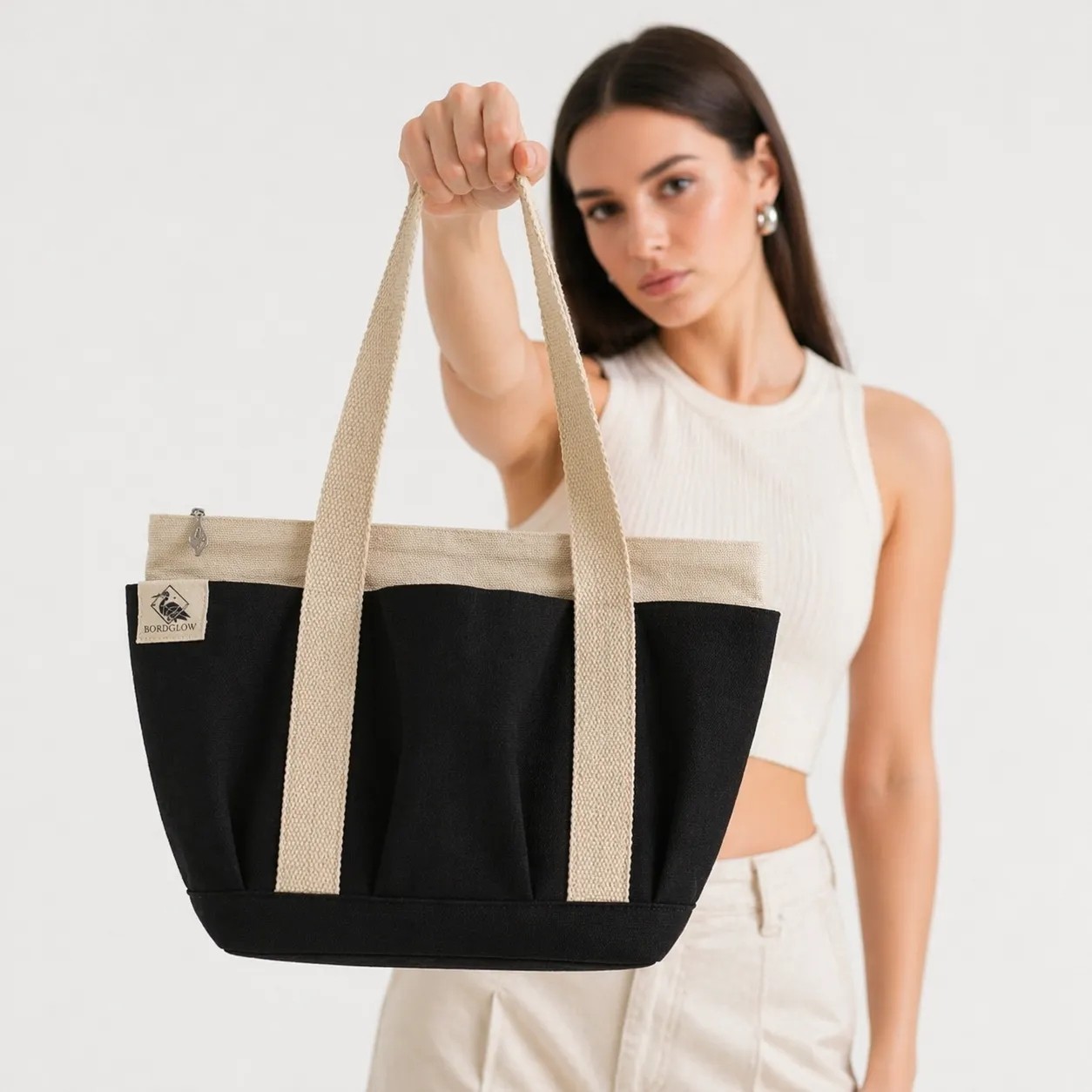 Bordglow PlusGlow Design Serisi, Füme-Gri Premium Kanvas Tote Bag | 9 cep - Fermuarlı (40x26x12 cm)