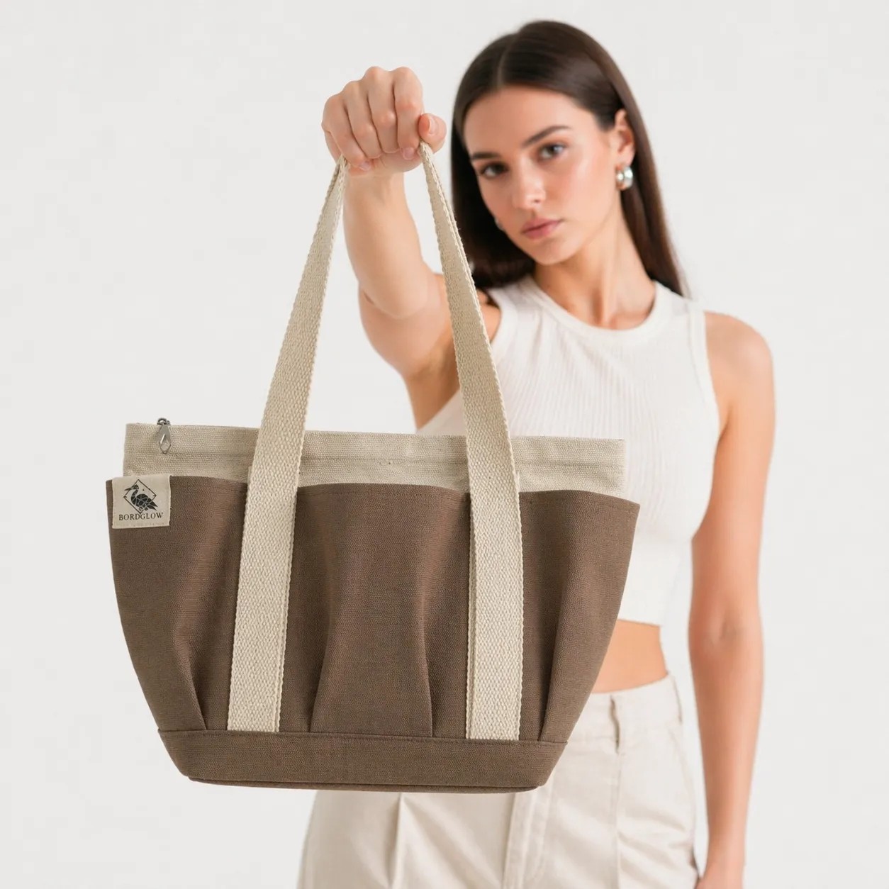 Bordglow PlusGlow Design Serisi, Füme-Gri Premium Kanvas Tote Bag | 9 cep - Fermuarlı (40x26x12 cm)