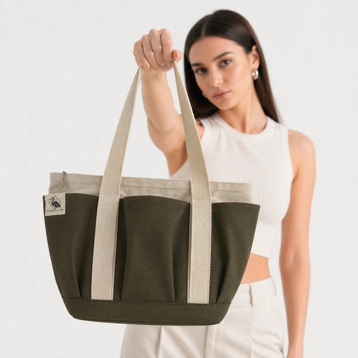 Bordglow PlusGlow Design Serisi, Füme-Gri Premium Kanvas Tote Bag | 9 cep - Fermuarlı (40x26x12 cm)