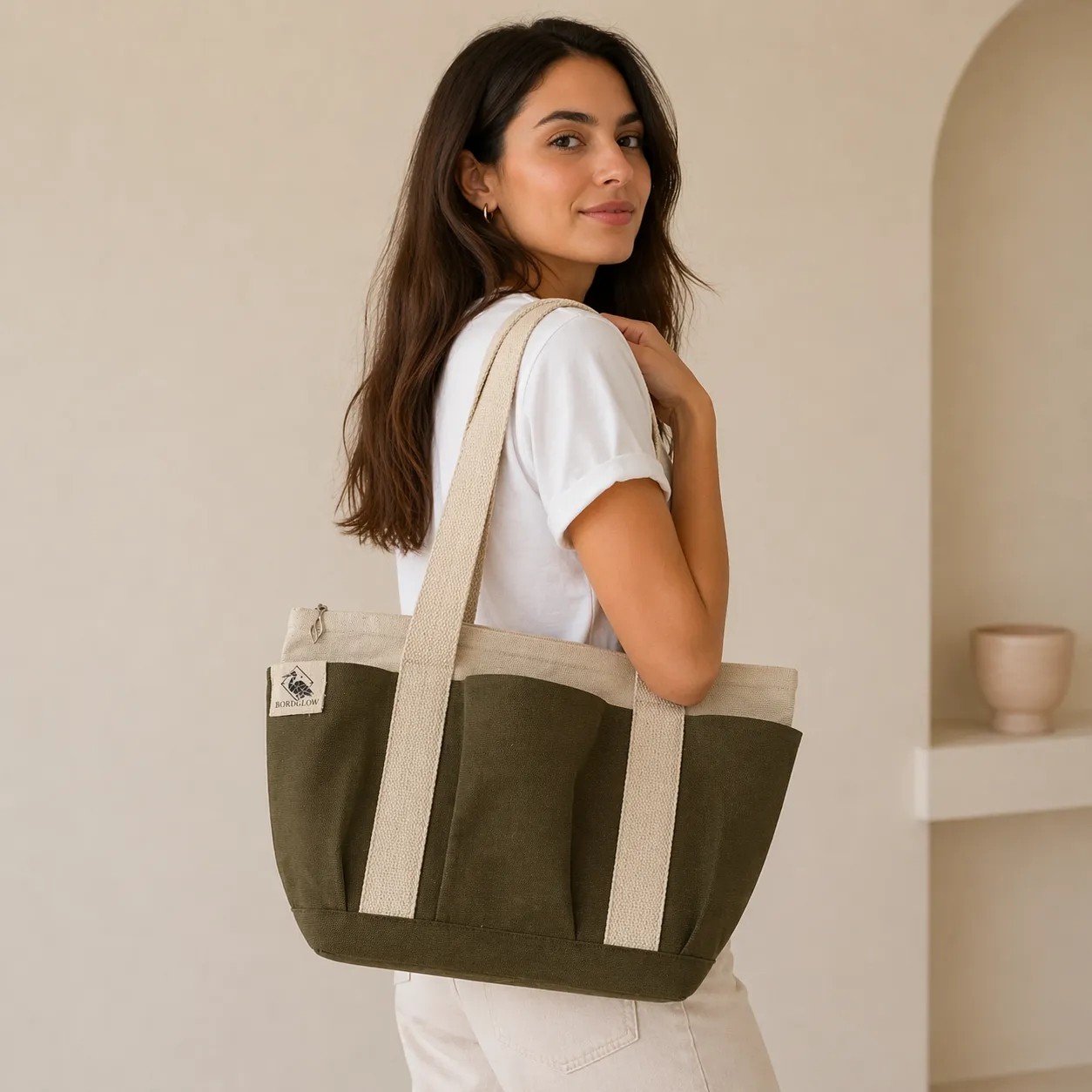 Bordglow PlusGlow Design Serisi, Füme-Gri Premium Kanvas Tote Bag | 9 cep - Fermuarlı (40x26x12 cm) görsel 2