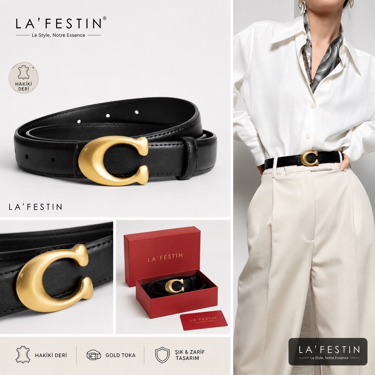 Lafestin Hakiki Deri Gold Toka Kadın Kemeri Pantolon Kemeri, Gömlek Kemeri