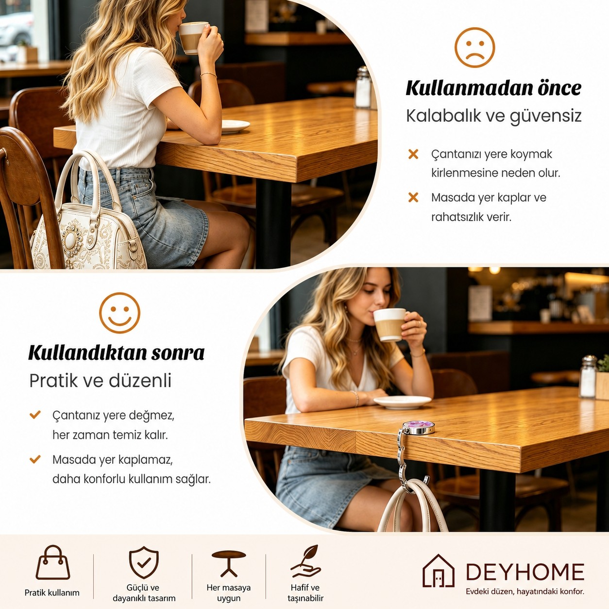deyhome Katlanabilir Çanta Askı Aparatı Masa Kenarı Çanta Tutucu Taşınabilir Çanta Kancası Çanta Model görsel 6