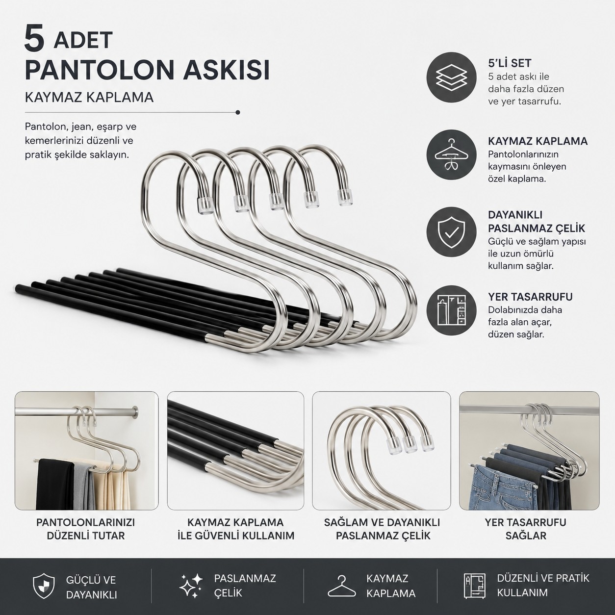 Pantalon Askısı Kaymaz Kaplama 5li Set