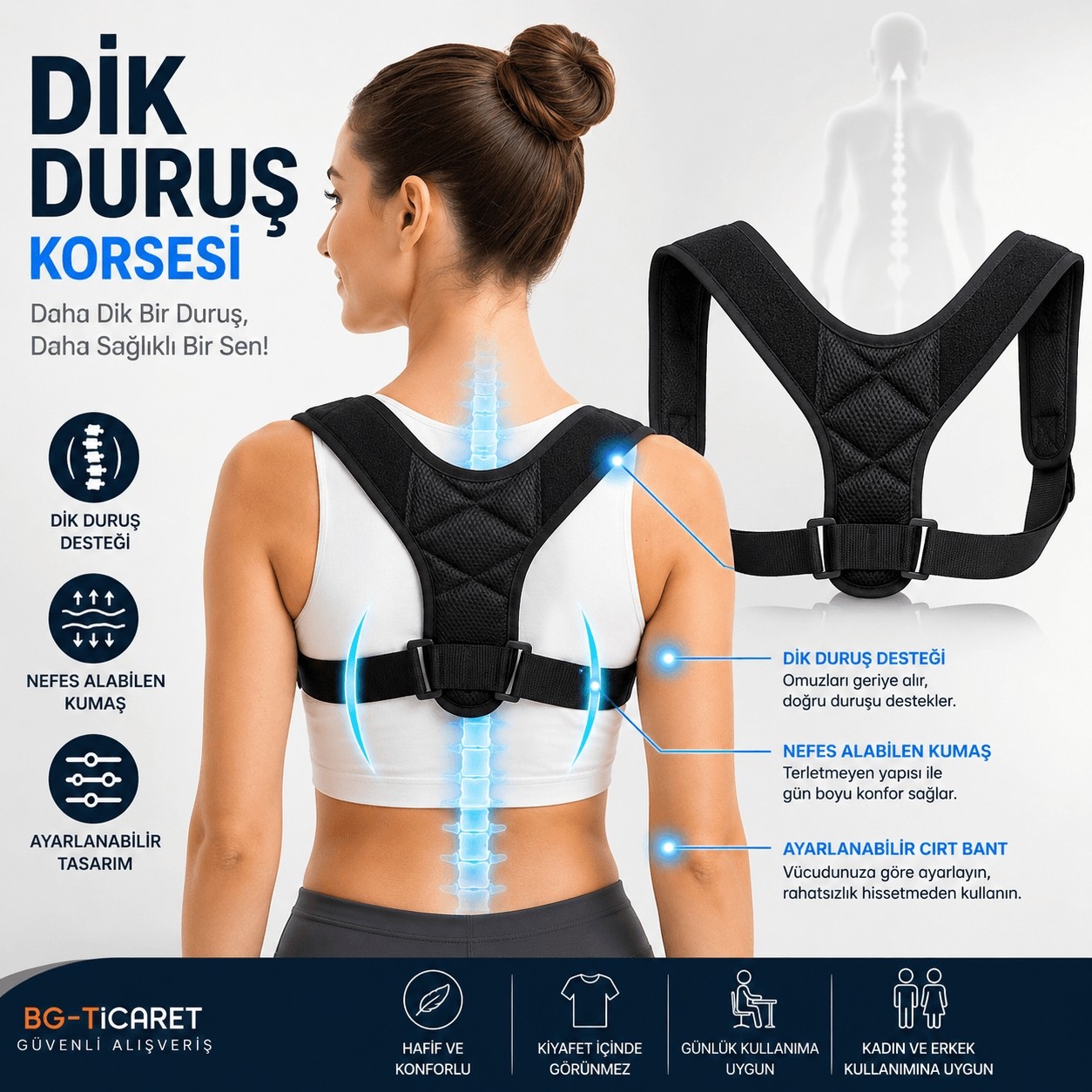 bgvibe Dik Duruş Korsesi Postür Düzeltici Sırt ve Omuz Destekleyici Skolyoz Ayarlanabilir Korse