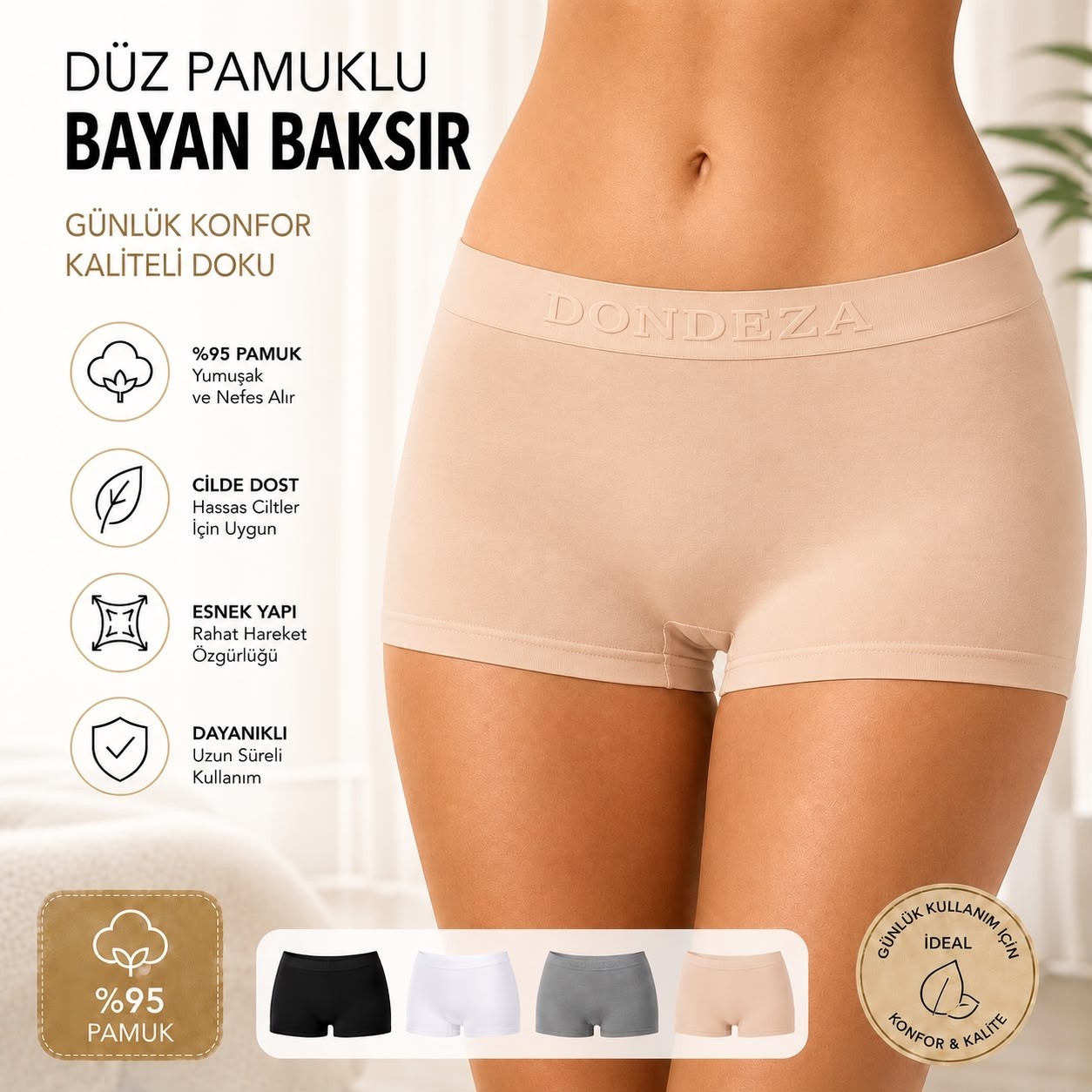 Qulat Dondeza %95 Pamuklu Bayan Boxer, Günlük Konfor, Esnek ve Nefes Alan Kumaş