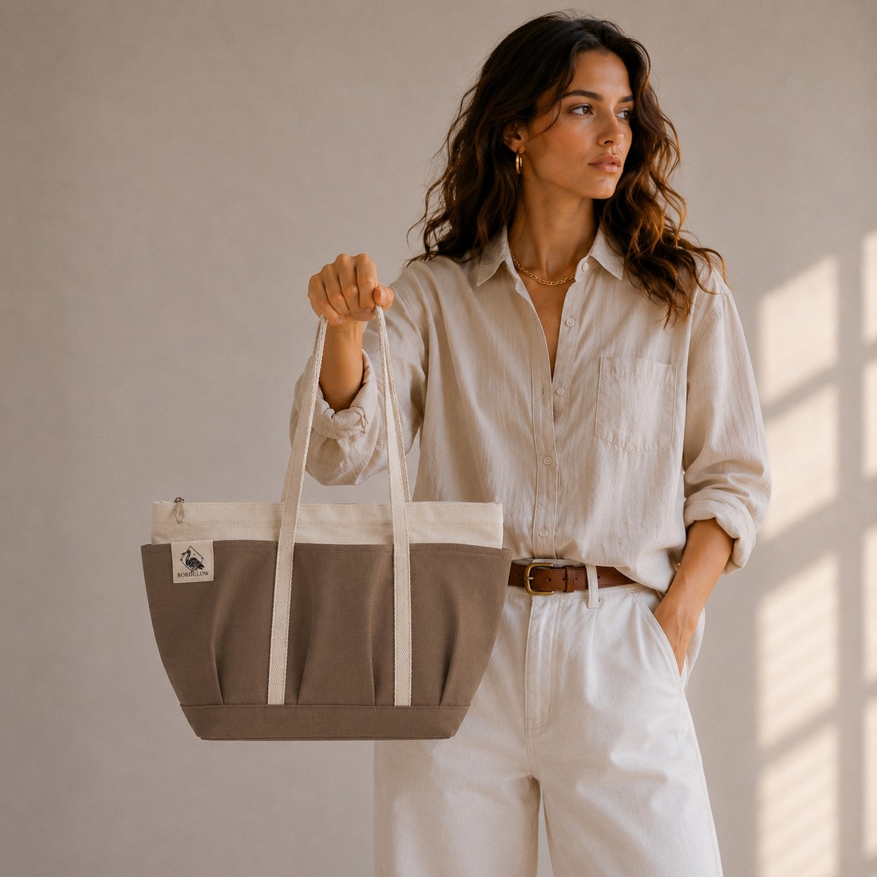 Bordglow Novaglow Design Serisi, Küçük Boy - Kahve - Premium Kanvas Çanta - Tote Bag | 9 Cep - Fermuarlı (32X22X10 Cm)