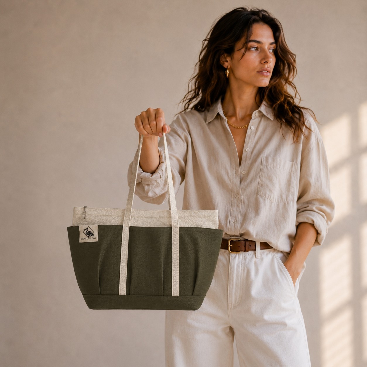 Bordglow Novaglow Design Serisi, Küçük Boy - Kahve - Premium Kanvas Çanta - Tote Bag | 9 Cep - Fermuarlı (32X22X10 Cm) görsel 4