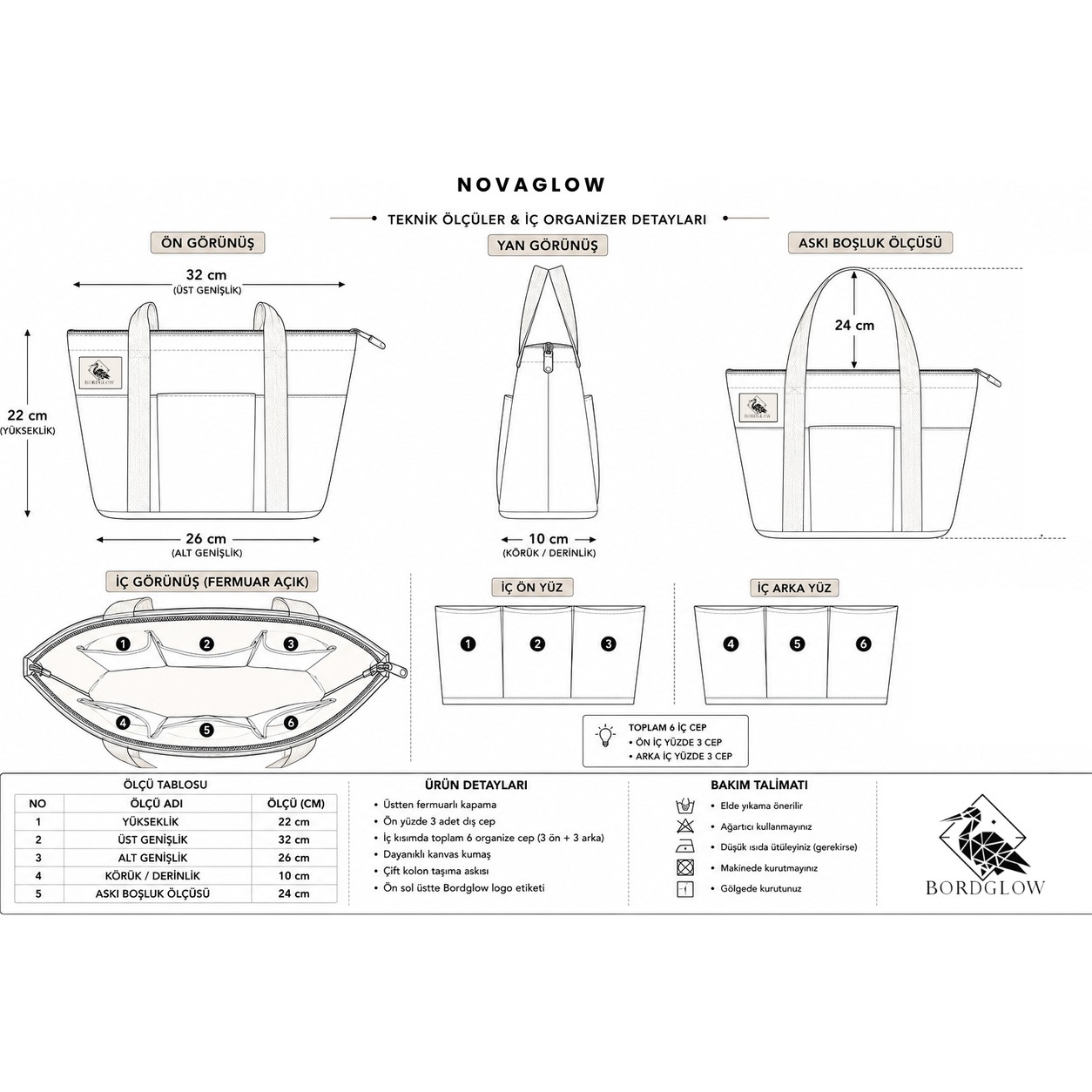 Bordglow Novaglow Design Serisi, Küçük Boy - Kahve - Premium Kanvas Çanta - Tote Bag | 9 Cep - Fermuarlı (32X22X10 Cm) görsel 6