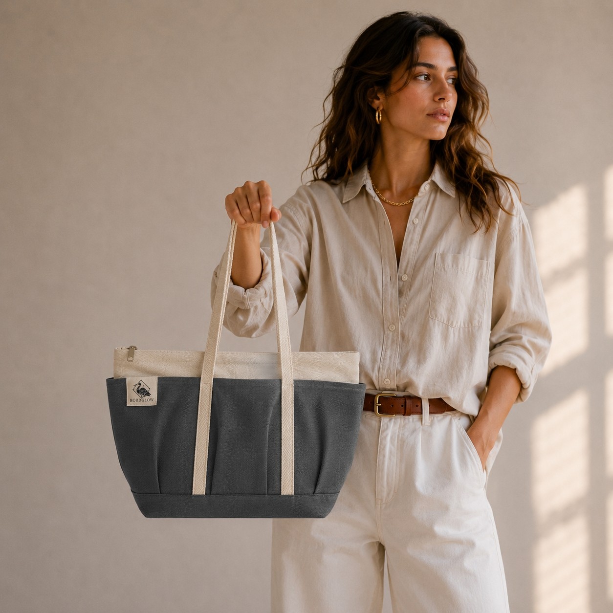 Bordglow Novaglow Design Serisi, Küçük Boy - Kahve - Premium Kanvas Çanta - Tote Bag | 9 Cep - Fermuarlı (32X22X10 Cm) görsel 7