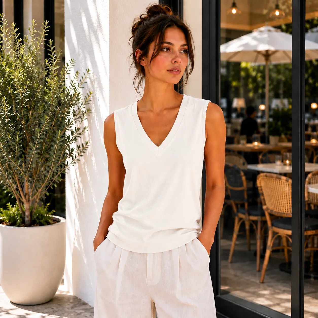 Hayalet Kadın V Yaka Kolsuz T-Shirt Ultra Soft Basic Bluz
