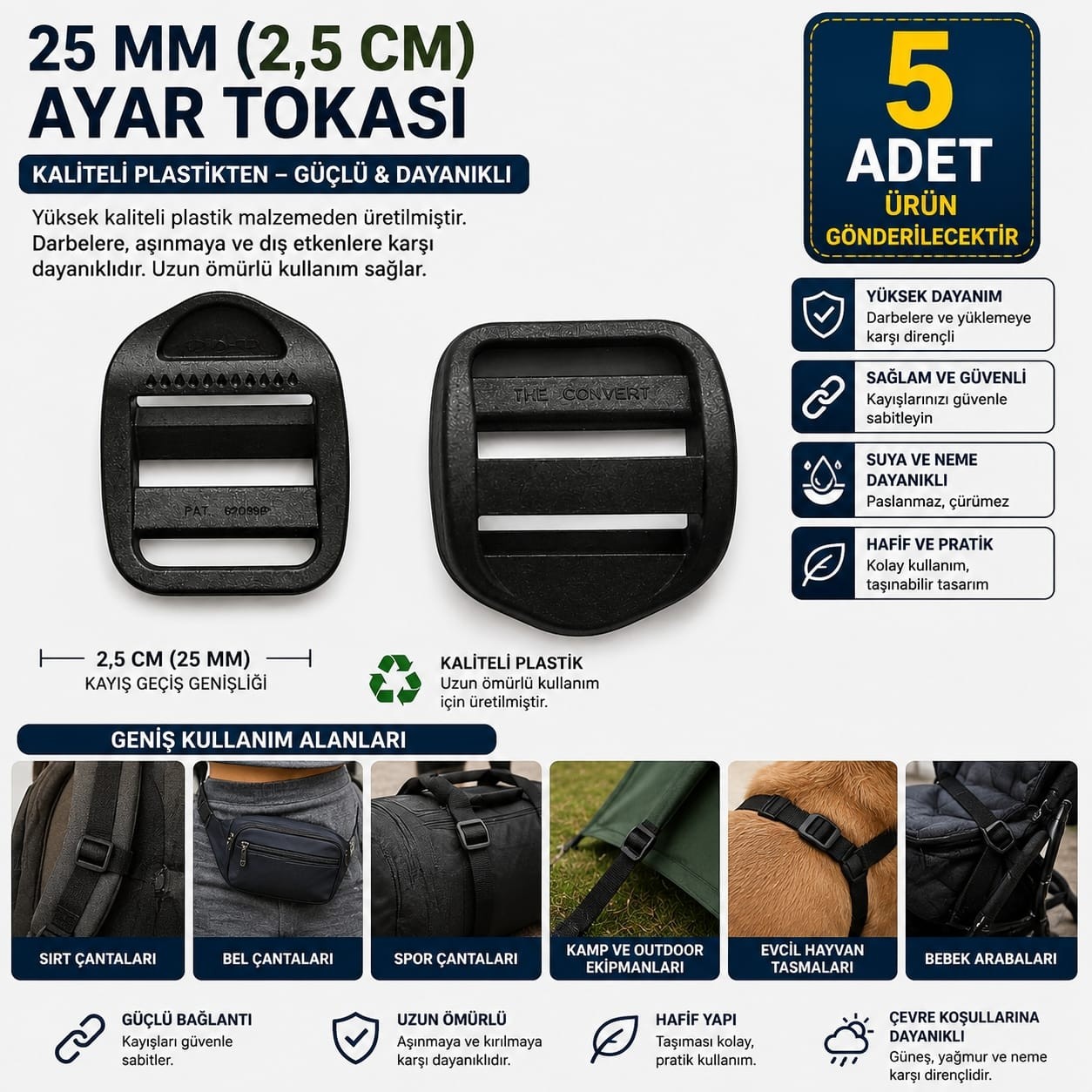 Ecotton Works 25 mm (2,5 Cm) Plastik Ayar Tokası 5'li Paket | Premium Kalite | Dayanıklı Çanta Kayış Tokası