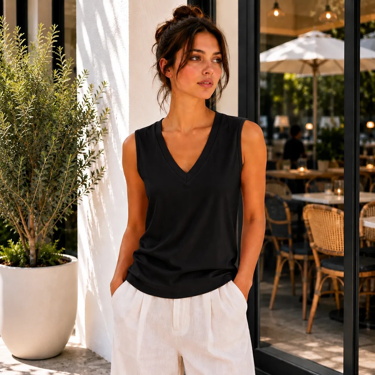 Hayalet Kadın V Yaka Kolsuz T-Shirt Ultra Soft Basic Bluz görsel 4