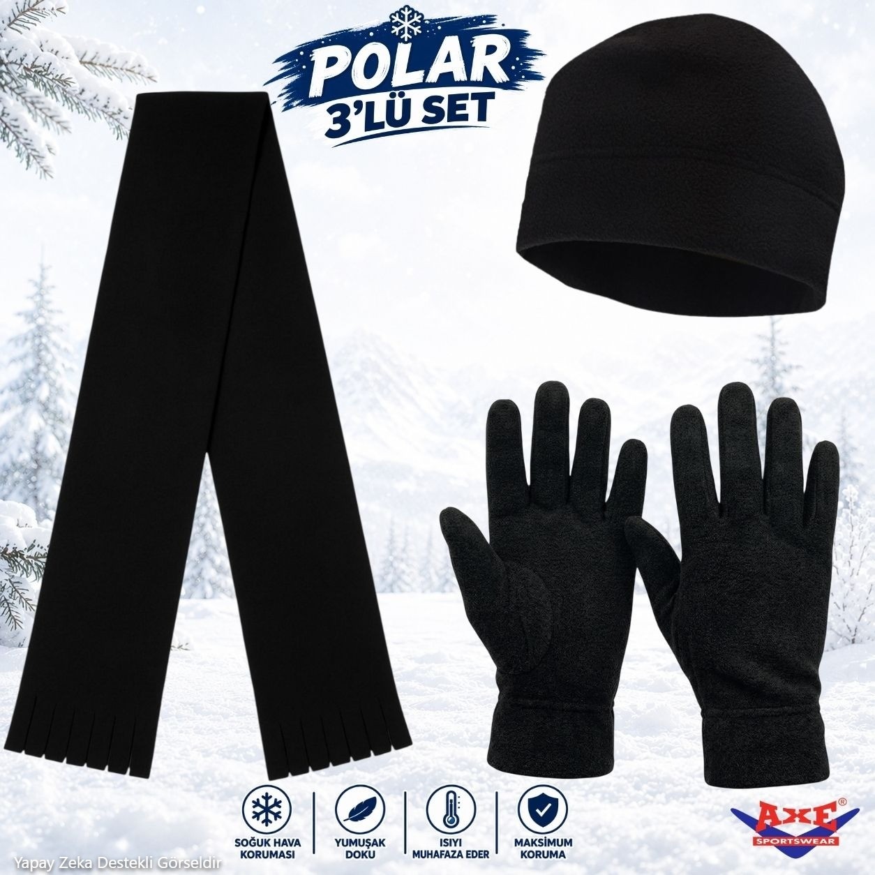 Axe Sportswear Kışlık Siyah Soğuk Hava Koruyucu Bileği Sıkmayan Manşetli Katlamalı Termal Polar Eldiven Atkı Bere 3'lü Set