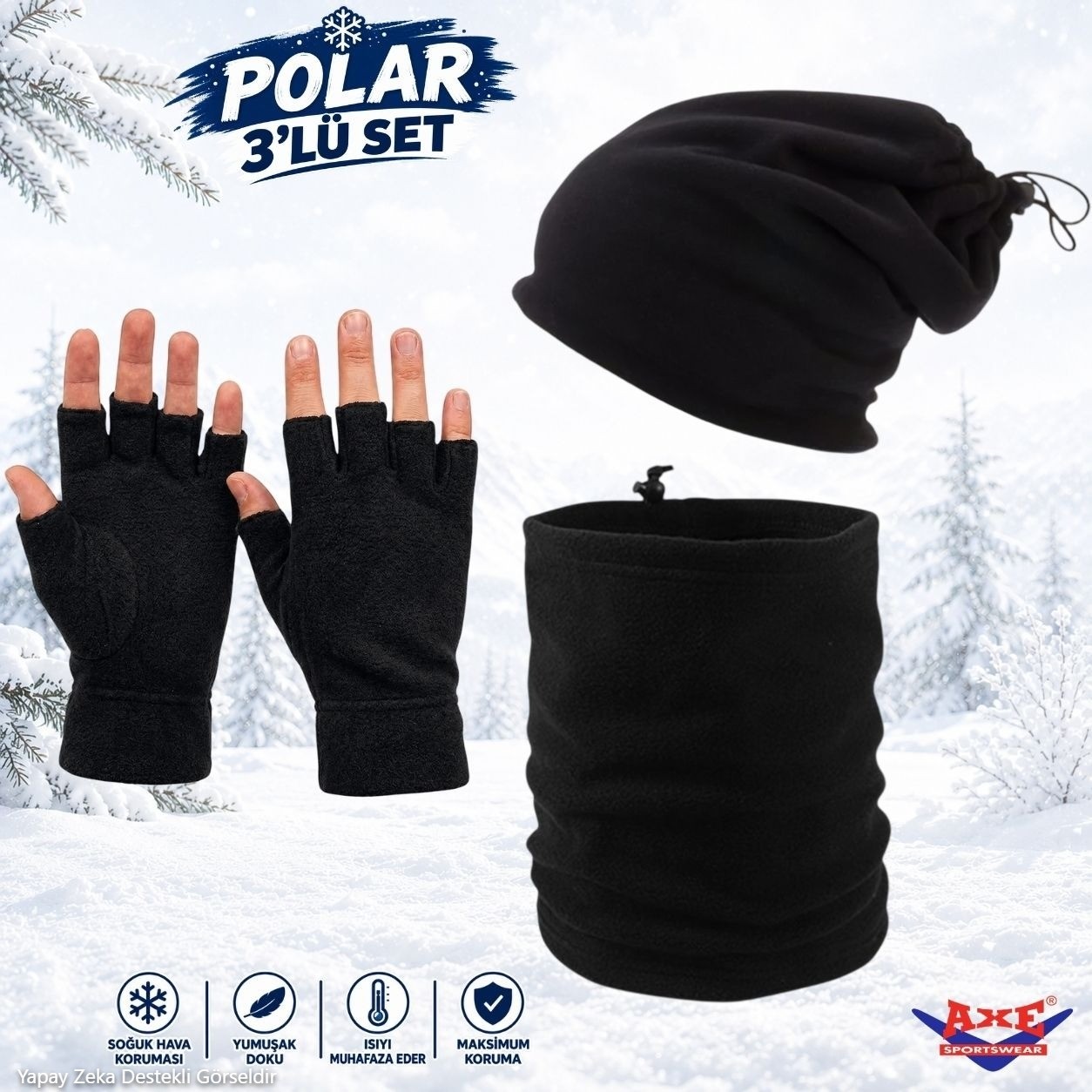 Axe Sportswear Kışlık Siyah Polar Bileği Sıkmayan Manşetli Katlamalı Rahat Kullanım Parmaksız Kesik Eldiven Bere Olabilen Ipli Boyunluk 3'lü Set