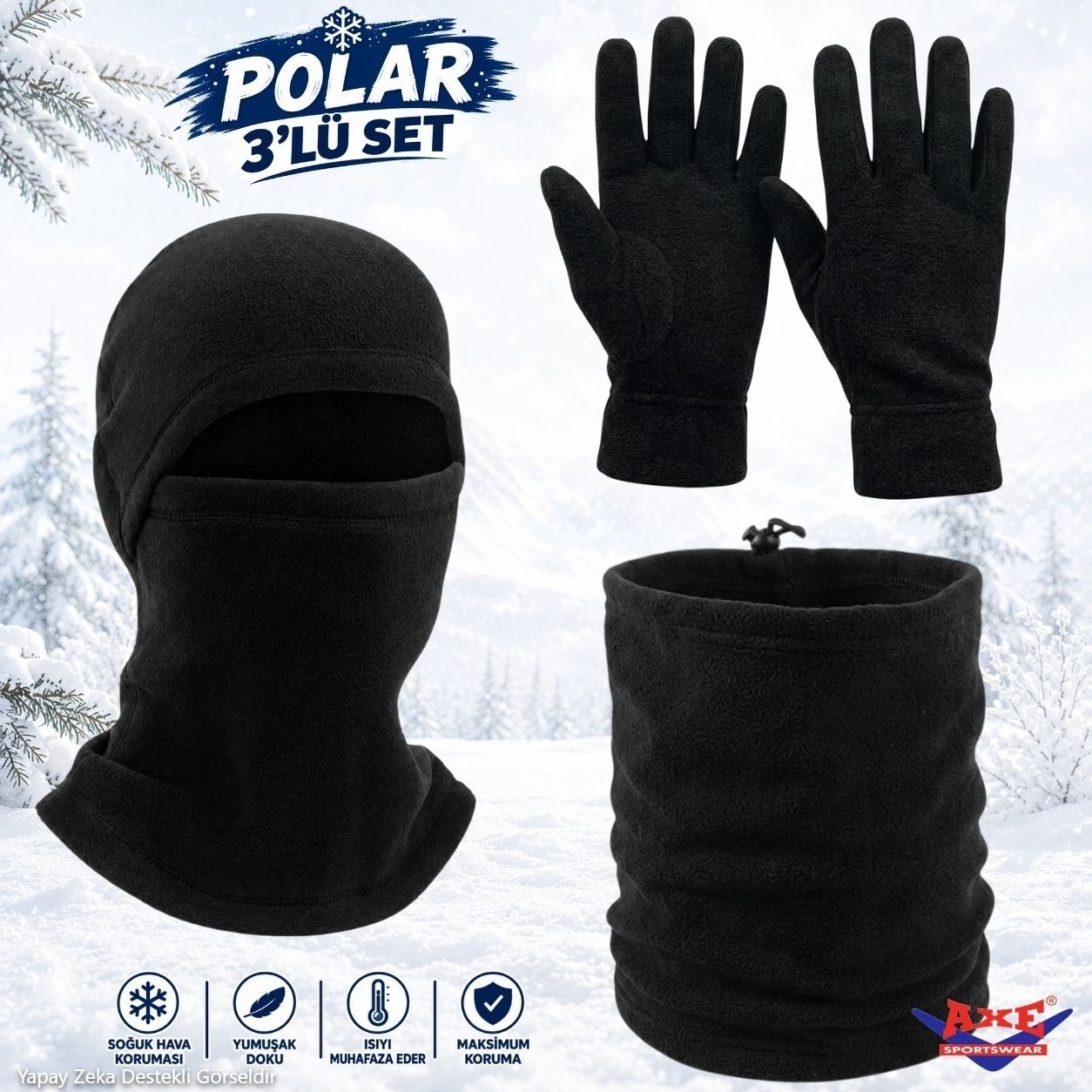 Axe Sportswear Kışlık Siyah Soğuk Hava Koruyucu Bileği Sıkmayan Manşetli Katlamalı Termal Polar Eldiven Kar Maskesi Boyunluk 3'lü Set