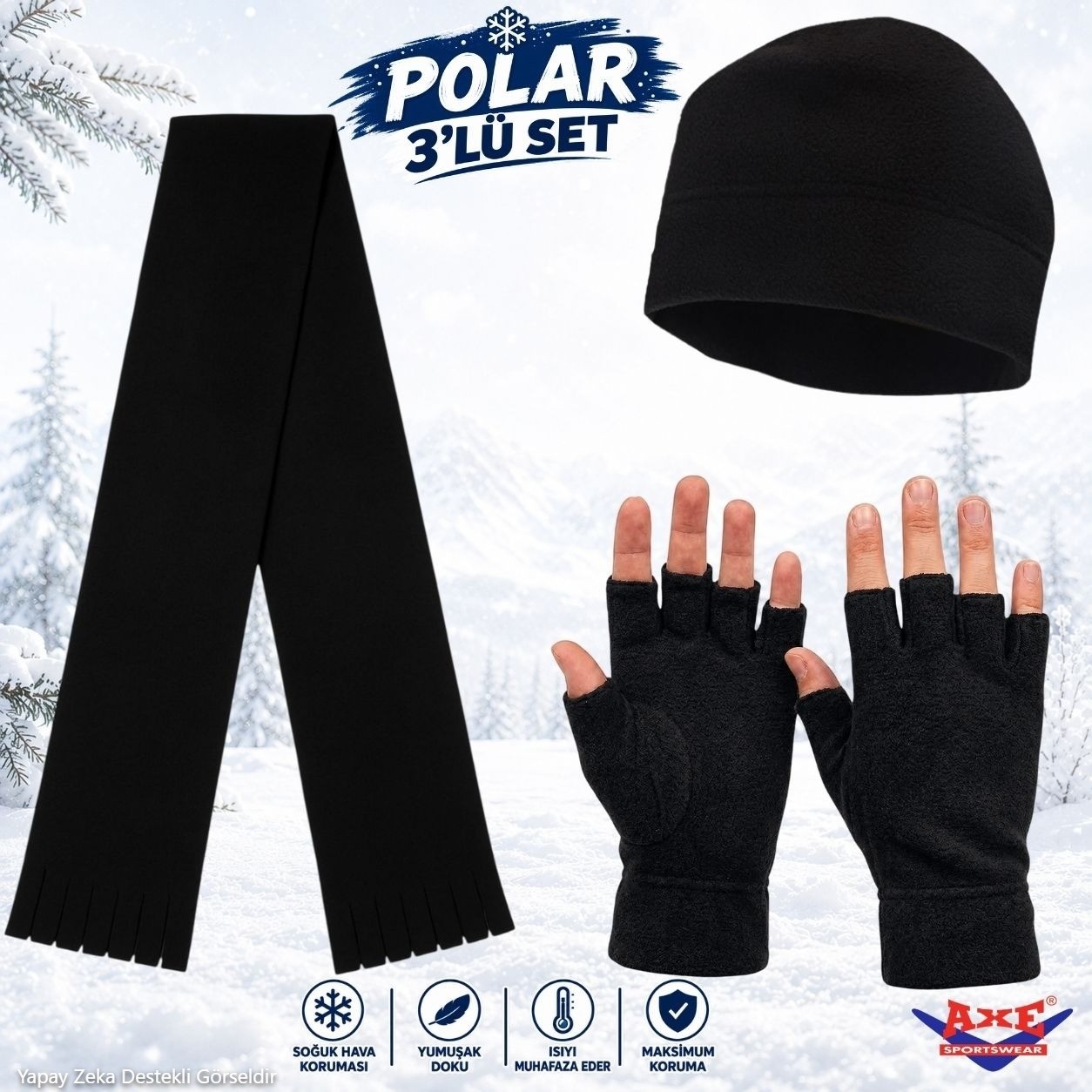 Axe Sportswear Kışlık Siyah Polar Bileği Sıkmayan Manşetli Katlamalı Rahat Kullanım Kesik Parmaksız Eldiven Atkı Bere 3'lü Set