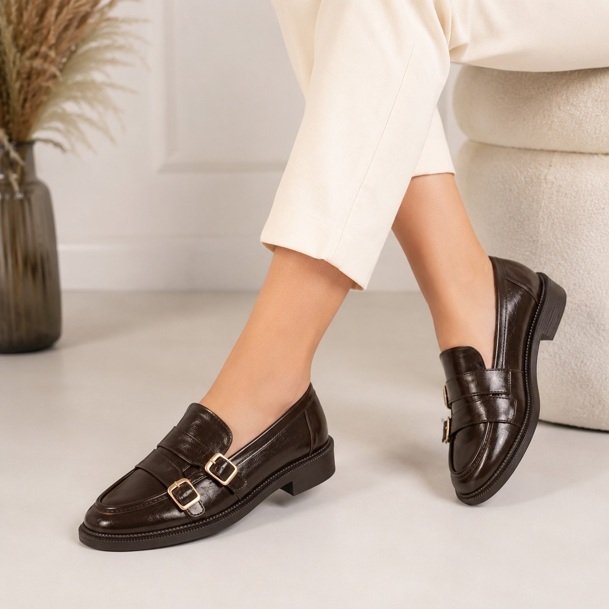 Patron Shoes Kadın Çift Tokalı Loafer Ayakkabı, Parlak Görünümlü Günlük Klasik Model görsel 8