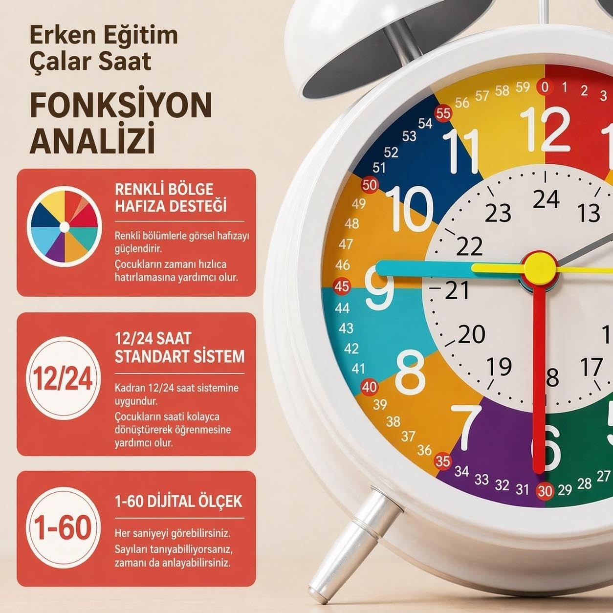 OEM Eğitici Çocuk Alarm Saati | Renkli Öğretici Saat 12/24 Sistem Sessiz Mekanizma Kolay Okuma görsel 3