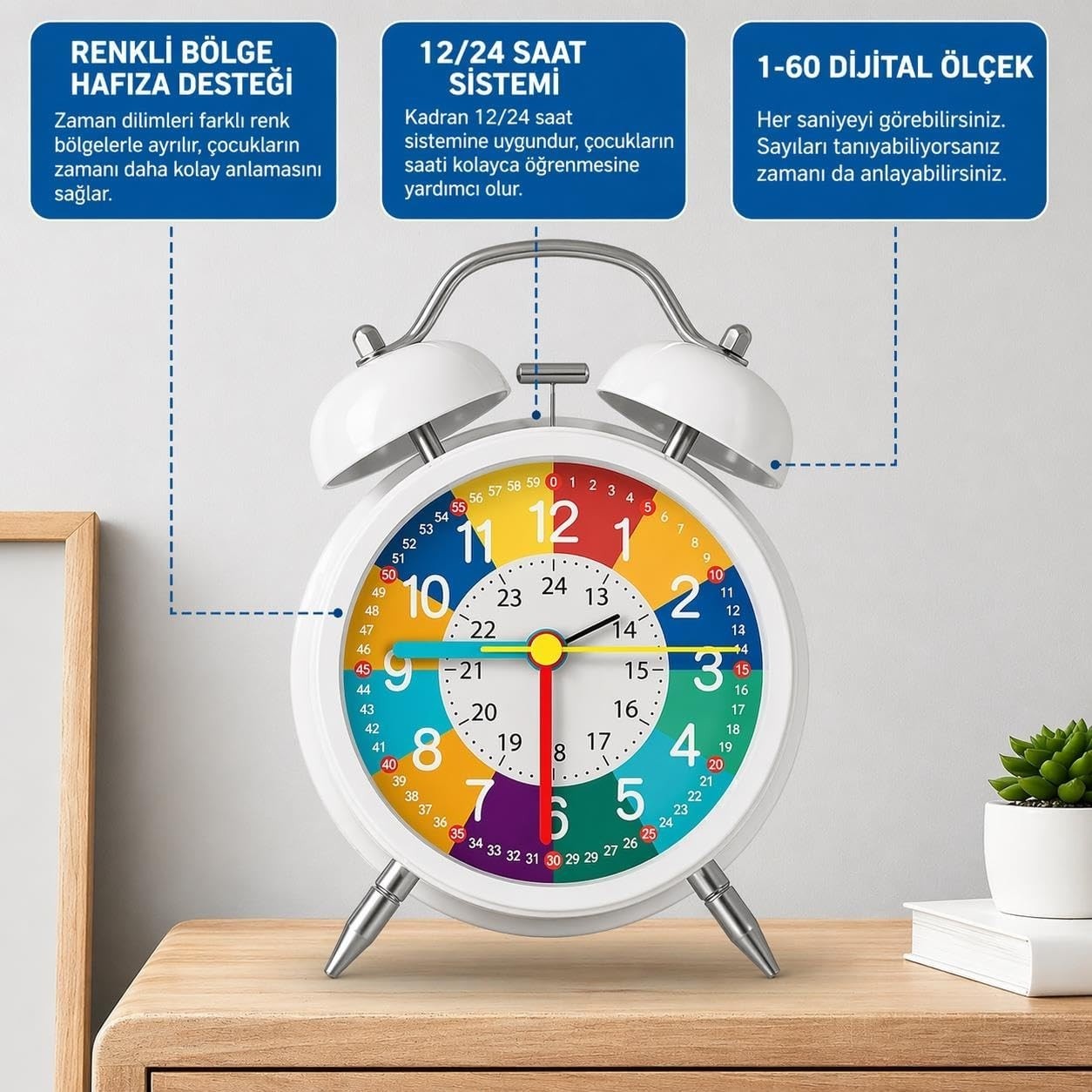 OEM Eğitici Çocuk Alarm Saati | Renkli Öğretici Saat 12/24 Sistem Sessiz Mekanizma Kolay Okuma görsel 4