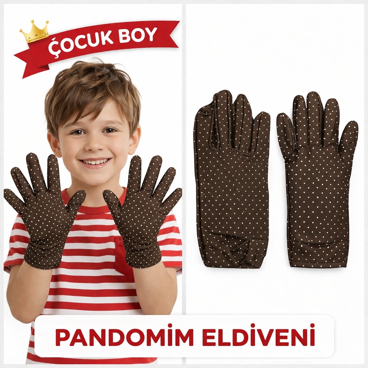 TeknoKapsül Çocuk Boy Pandomim Eldiveni Beyaz Puantiyeli Kahve Renk Gösteri Eldiveni 23 Nisan 19 Mayıs