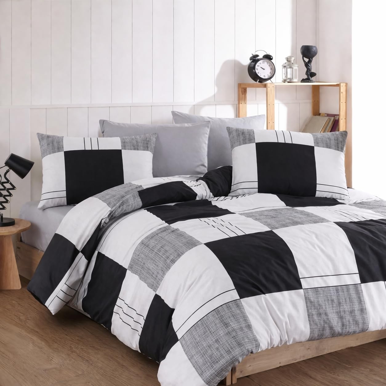 Özkaya Store Lüks%80 Pamuklu Çift Kişilik Nevresim Takımı Seti Yorgan Kılıfı Siyah Gri Beyaz Kareli Desen 200X220 cm + Lastikli Battal Boy Çarşaf 180X200X30 cm +2 Yastık Kılıflı 50X70 cm
