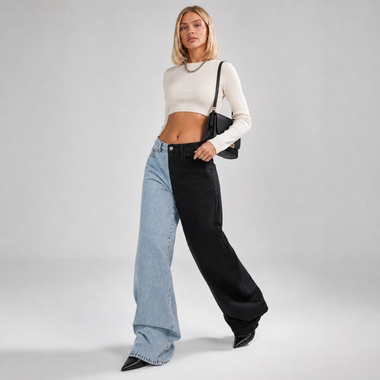 Shevega Kadın Çift Renkli Mavi Siyah Yüksek Bel Baggy Jeans Salaş Kot Pantolon görsel 2