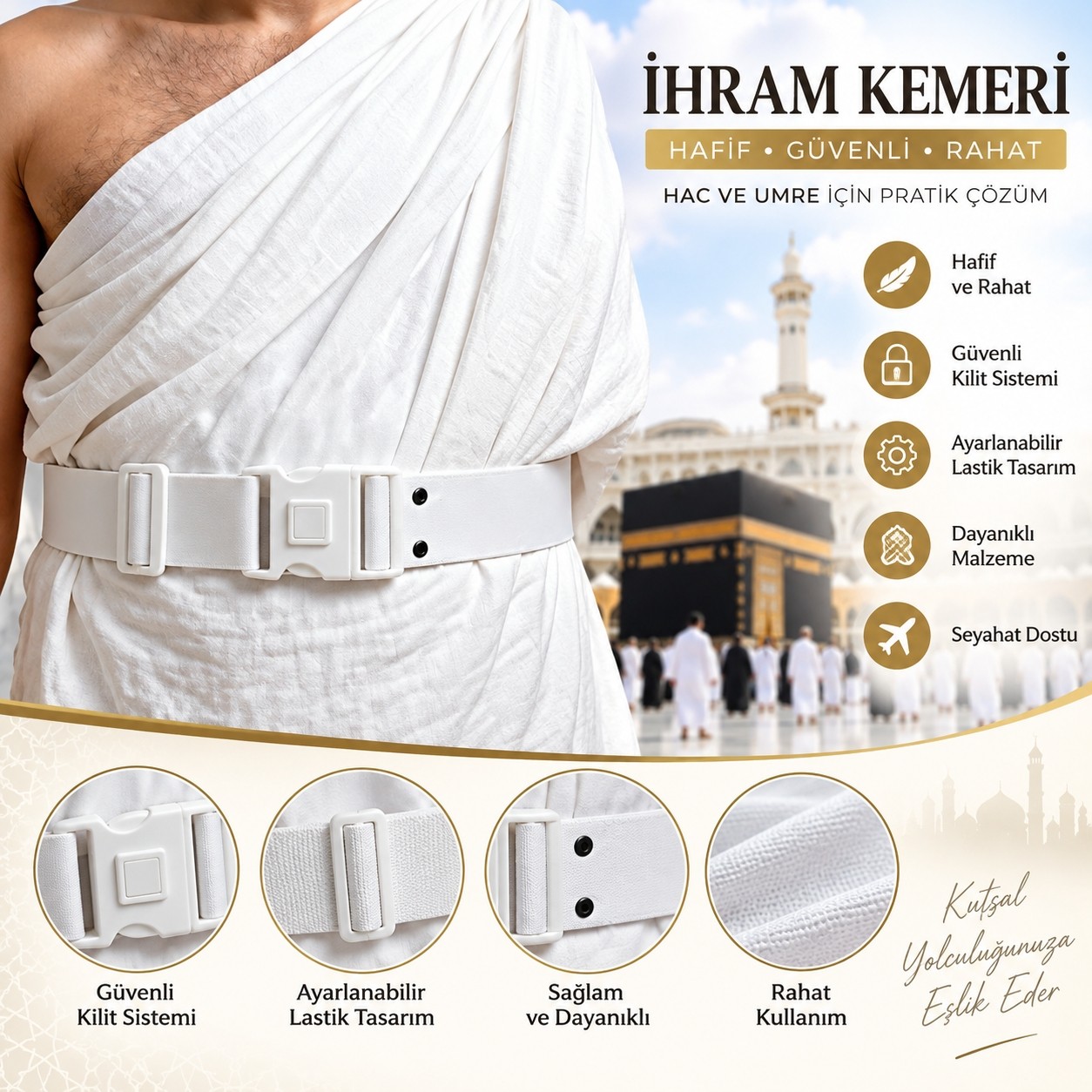 GÜLİSTANHAC Lastikli Ihram Sabitleme Kemeri, Hac ve Umre Için Ayarlanabilir Tokalı Ihram Tutucu