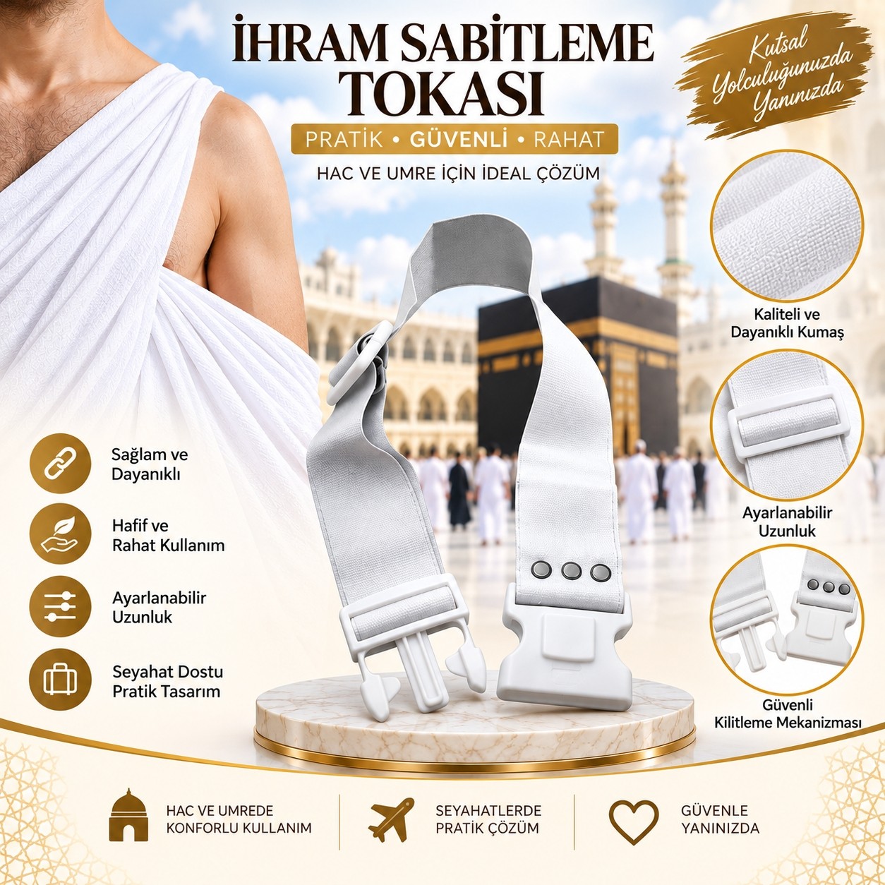 GÜLİSTANHAC Lastikli Ihram Sabitleme Kemeri, Hac ve Umre Için Ayarlanabilir Tokalı Ihram Tutucu görsel 2
