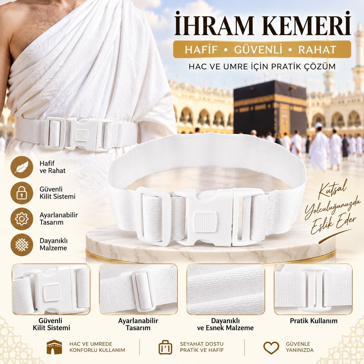 GÜLİSTANHAC Lastikli Ihram Sabitleme Kemeri, Hac ve Umre Için Ayarlanabilir Tokalı Ihram Tutucu görsel 3