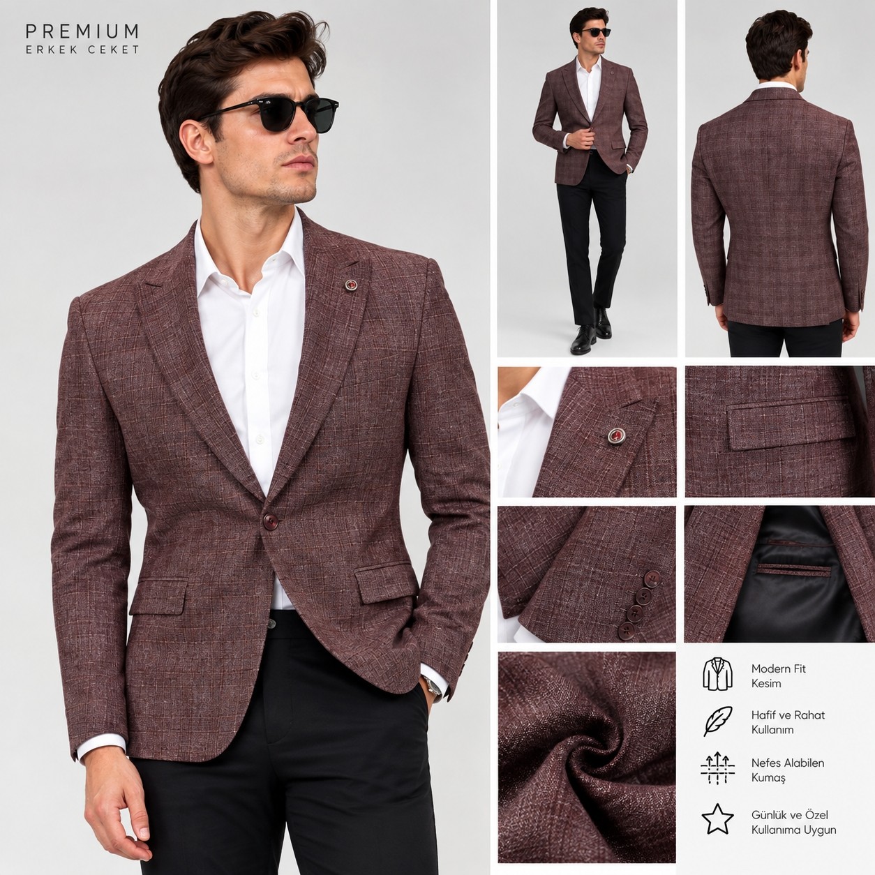 Sabri Zengin Erkek Slim Fit Kare Desenli Blazer Ceket