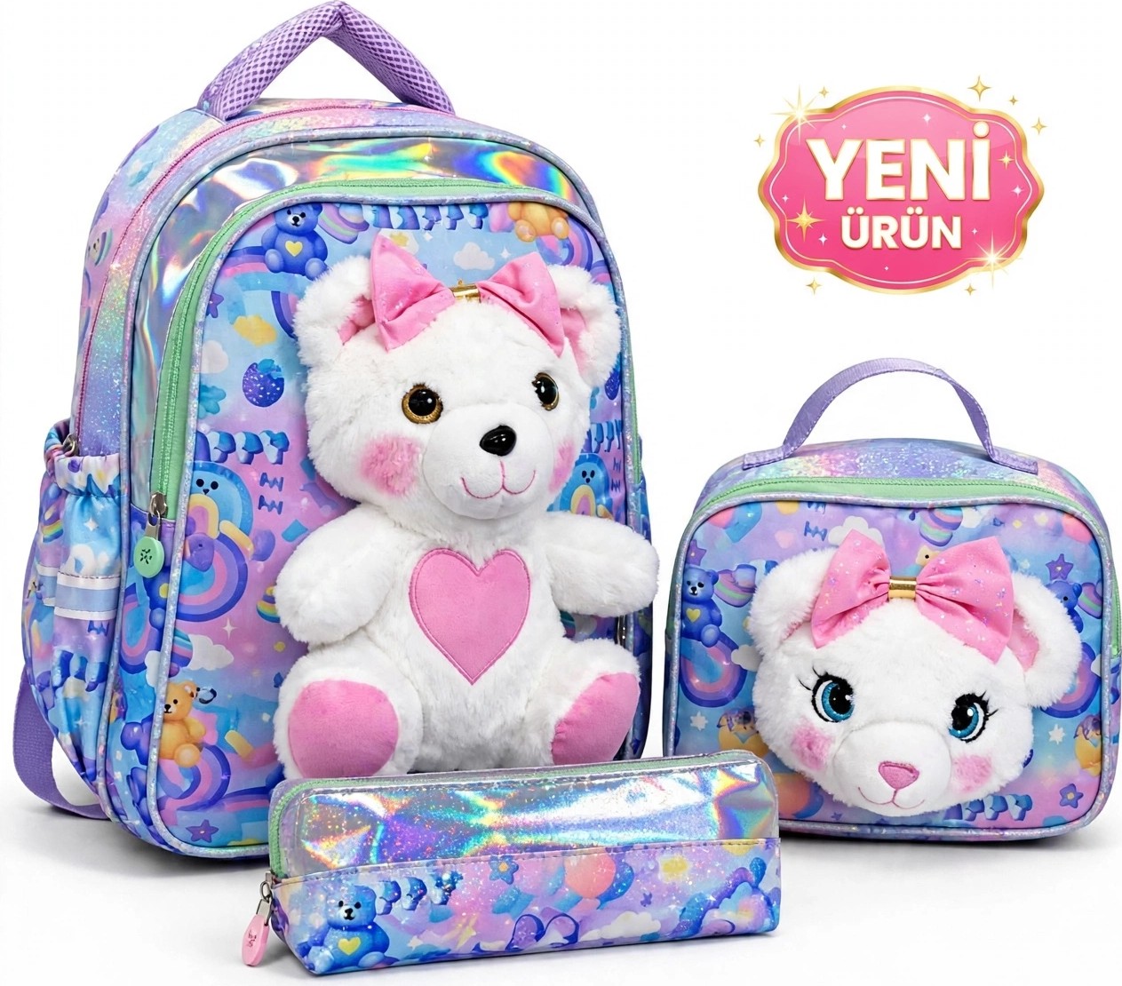 Markahit Premium Kız Çocuk Peluş Ayıcıklı Anaokulu ve Ilkokul Sırt Çantası Termal Beslenme Çantası ve Kalemli