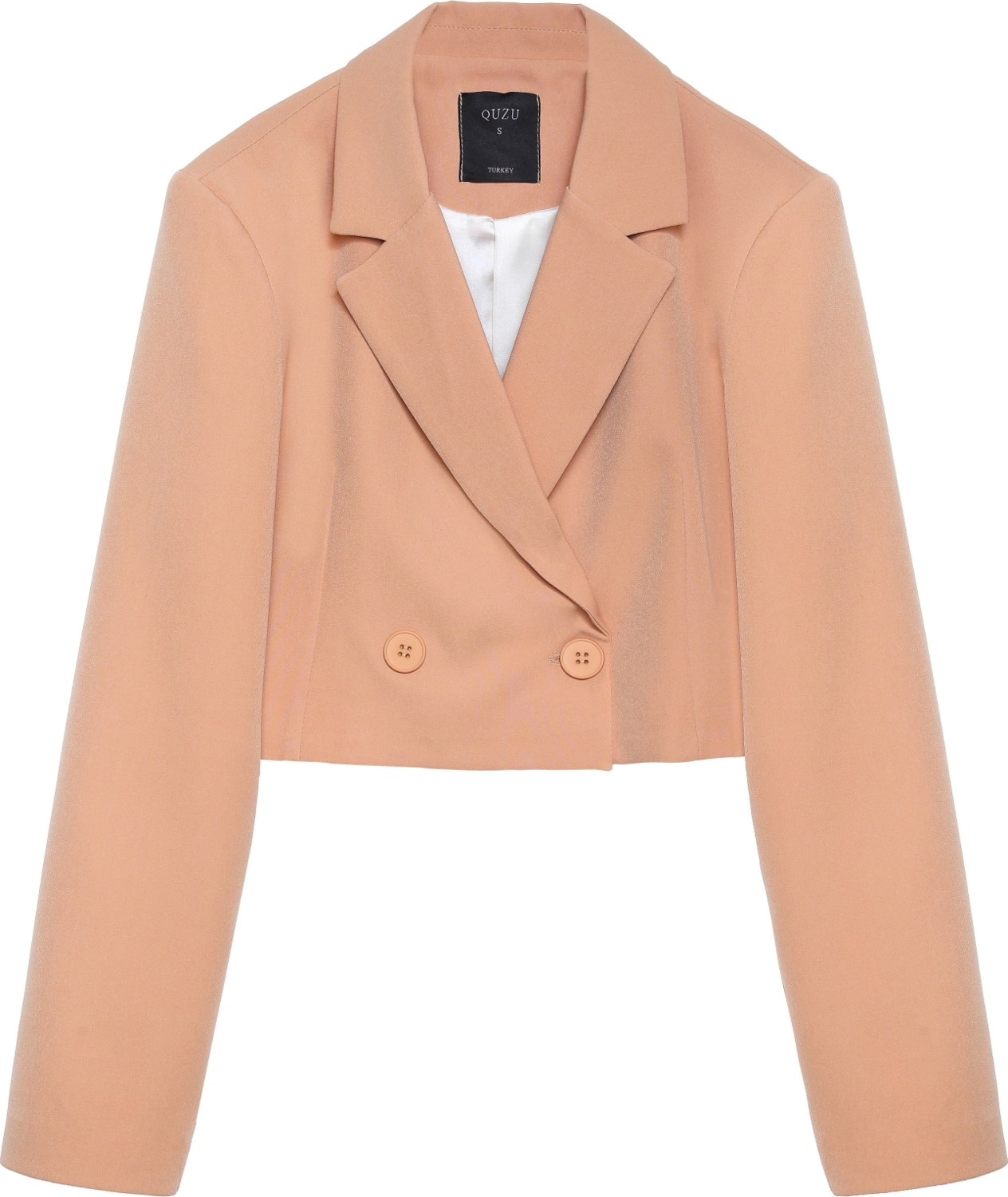 Quzu Kadın Kruvaze Crop Blazer Ceket Lacivert Dokuma Cepli Stil Casual görsel 3
