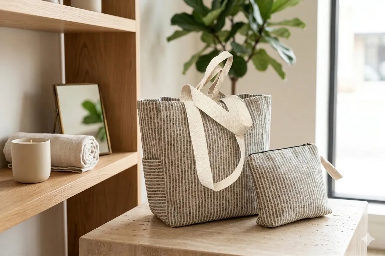 Faralya Life Çizgili Çanta 50X42 cm ve Makyaj Çantası Seti 26*21CM Bez Çanta Kombin Set görsel 6