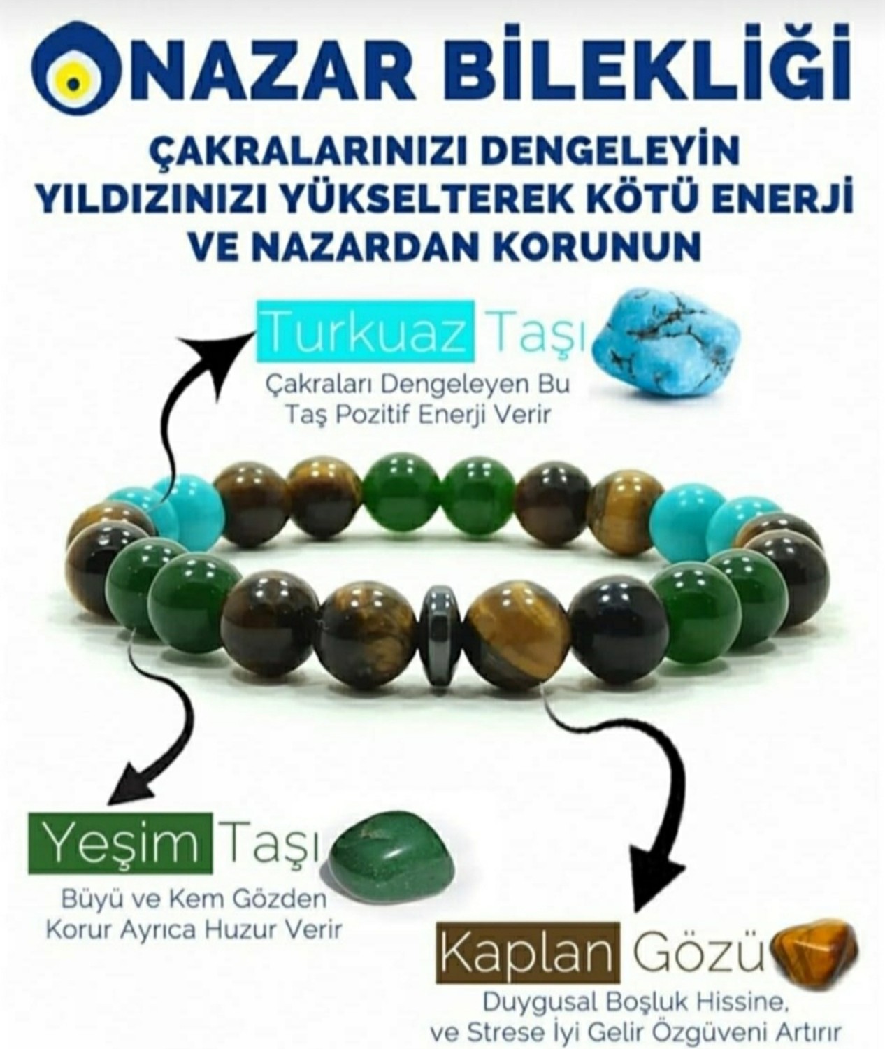 Mudi Doğaltaş Nazar Bilekliği Turkuaz-Kaplangözü-Yeşim Taşlı Mudidoğaltaş