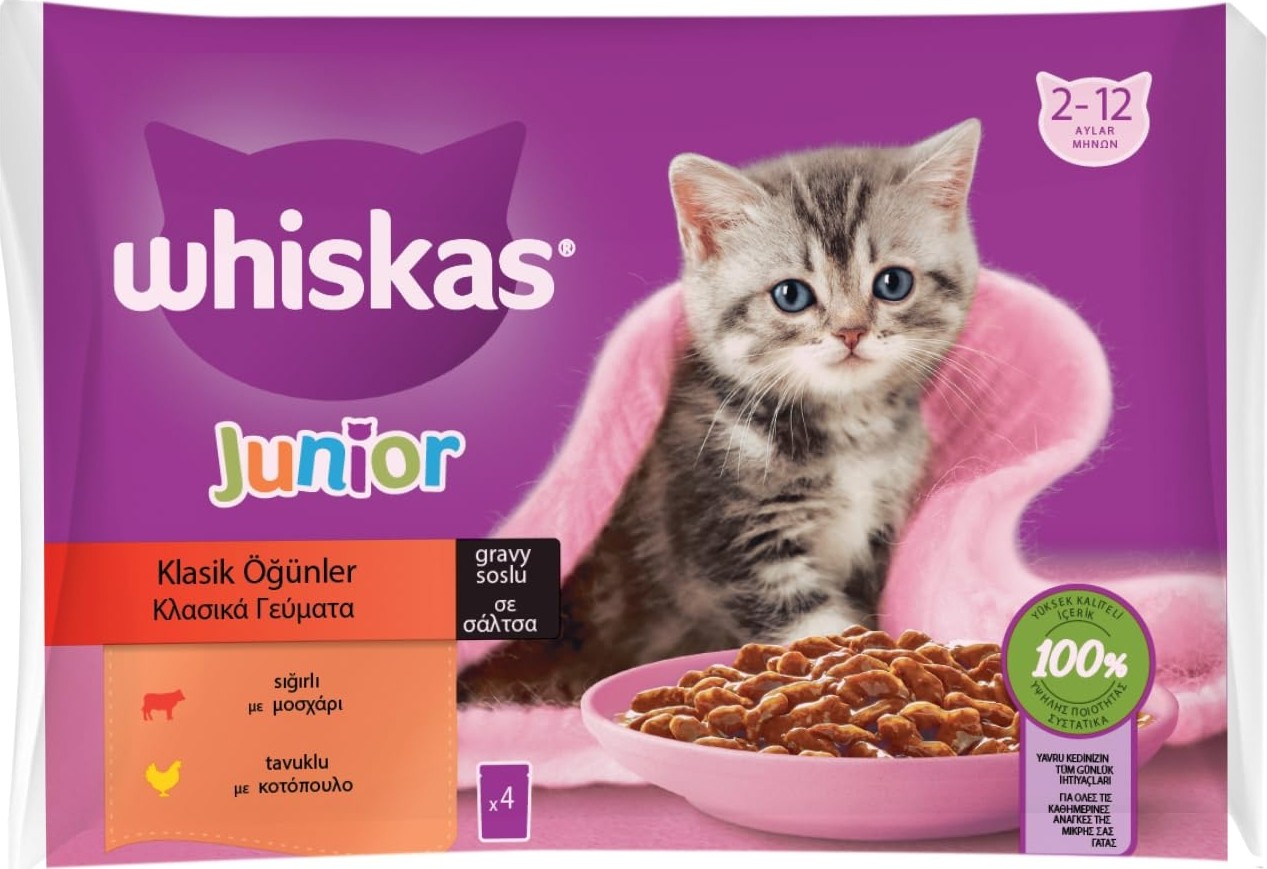 Die Grup Whiskas Pouch Sos Içinde Sığırlı ve Tavuklu Yavru Kedi Konservesi 4 Adet 85 gr