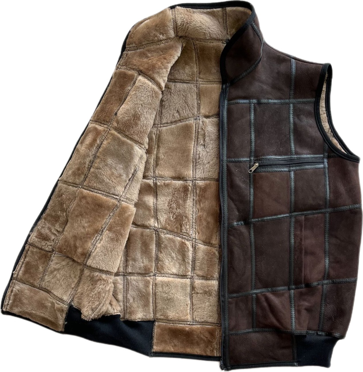 Patchwork Içi Kürk-Dışı Süet Hakiki Deri Yakalı Biye ve Triko Detaylı Yelek görsel 3