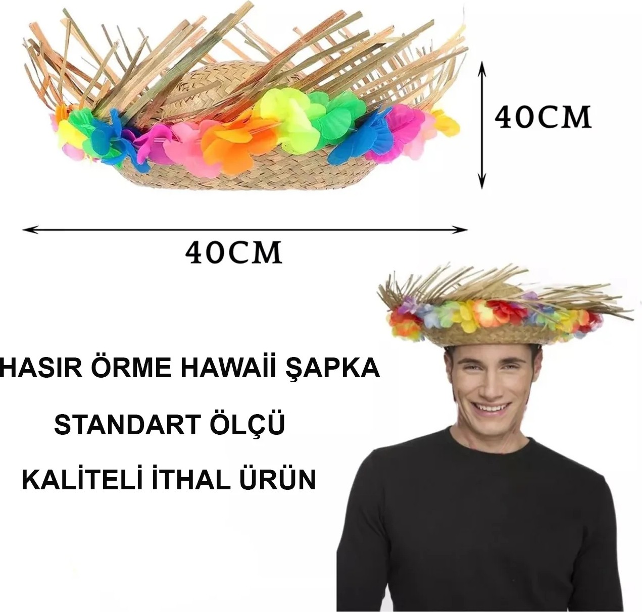 TeknoKapsül Naturel Renk Püsküllü Örme Hasır Hawaii Luau Ha Şapka 13X36 cm görsel 4