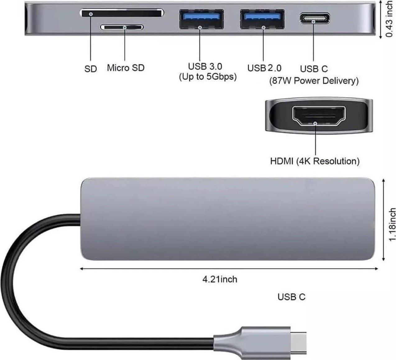 Die Grup Lunatic 8040 Type C 3.1 Hub - HDMI 4K Usb2.0 2xusb3.0 Sd Tf Pd 60W 6'sı 1 Arada Premium USB Hub görsel 3