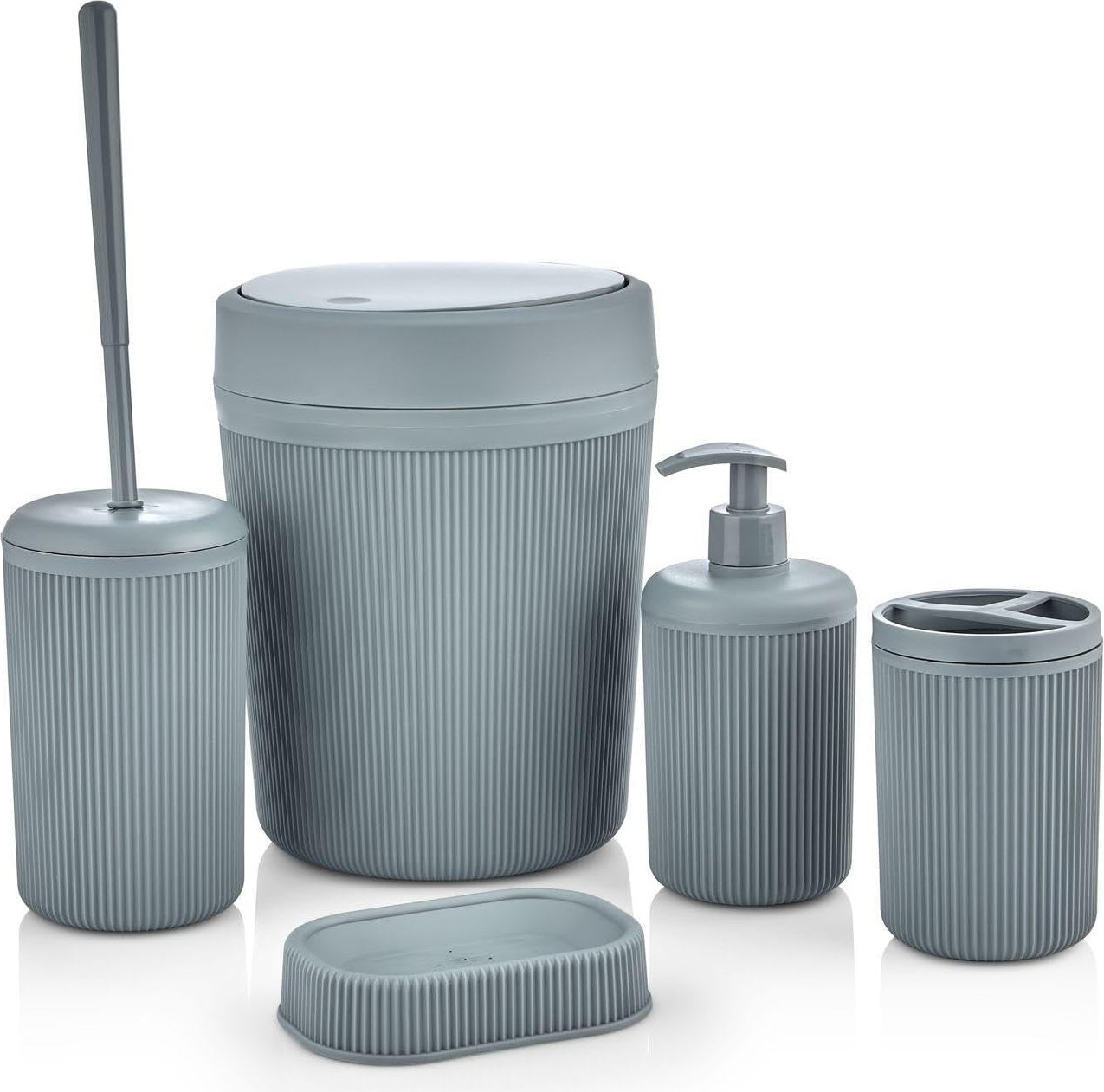 Prime 5 Parça Lüx Plastik Banyo Seti - Çöp Kovalı, Antibakteriyel Fırça, Normal ve Sıvı Sabunluk, Diş Fırçalıklı - Antresit görsel 2