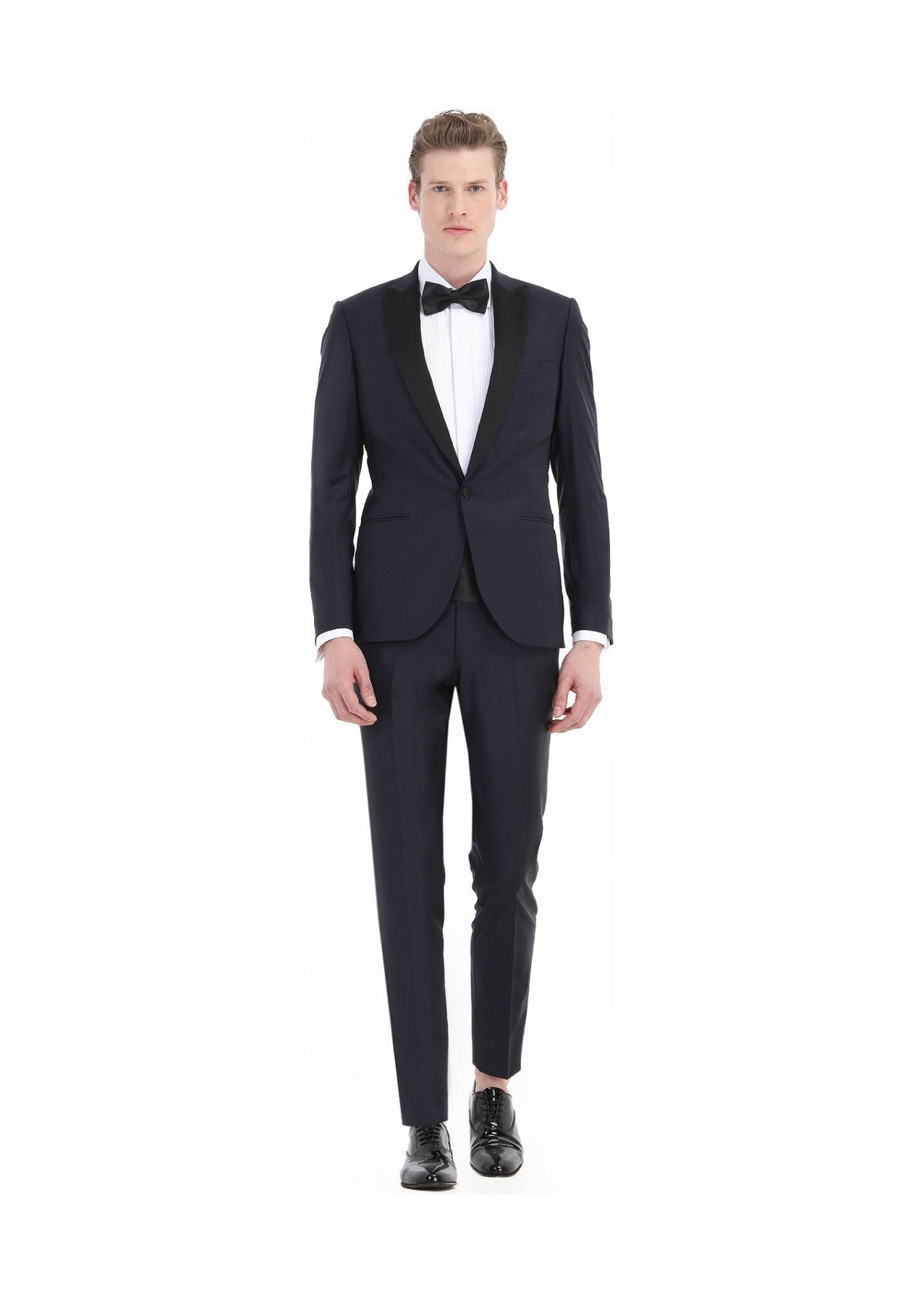 Ramsey Lacivert Düz Fashion Slim Fit Kruvaze Yaka Dokuma Smokin Takım Elbise