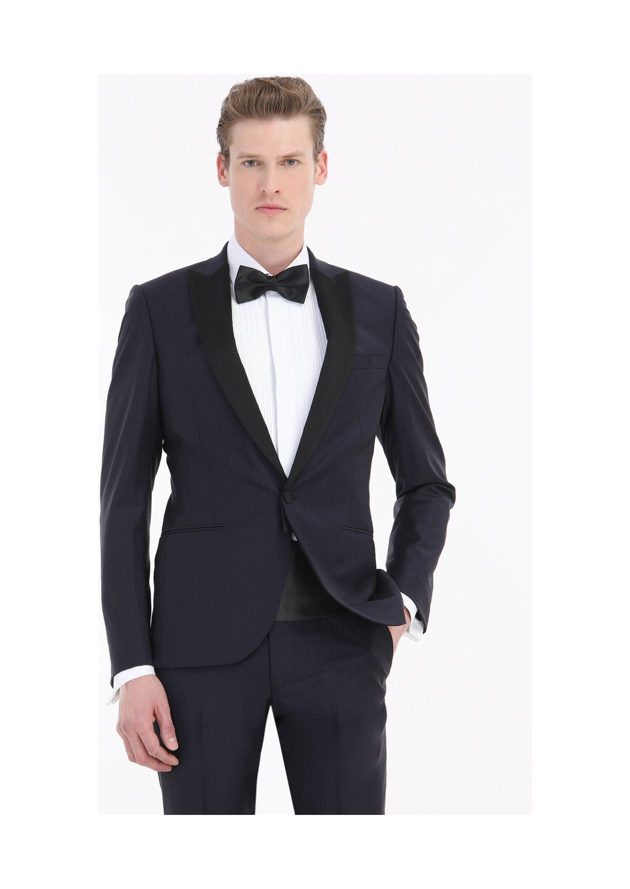 Ramsey Lacivert Düz Fashion Slim Fit Kruvaze Yaka Dokuma Smokin Takım Elbise görsel 2
